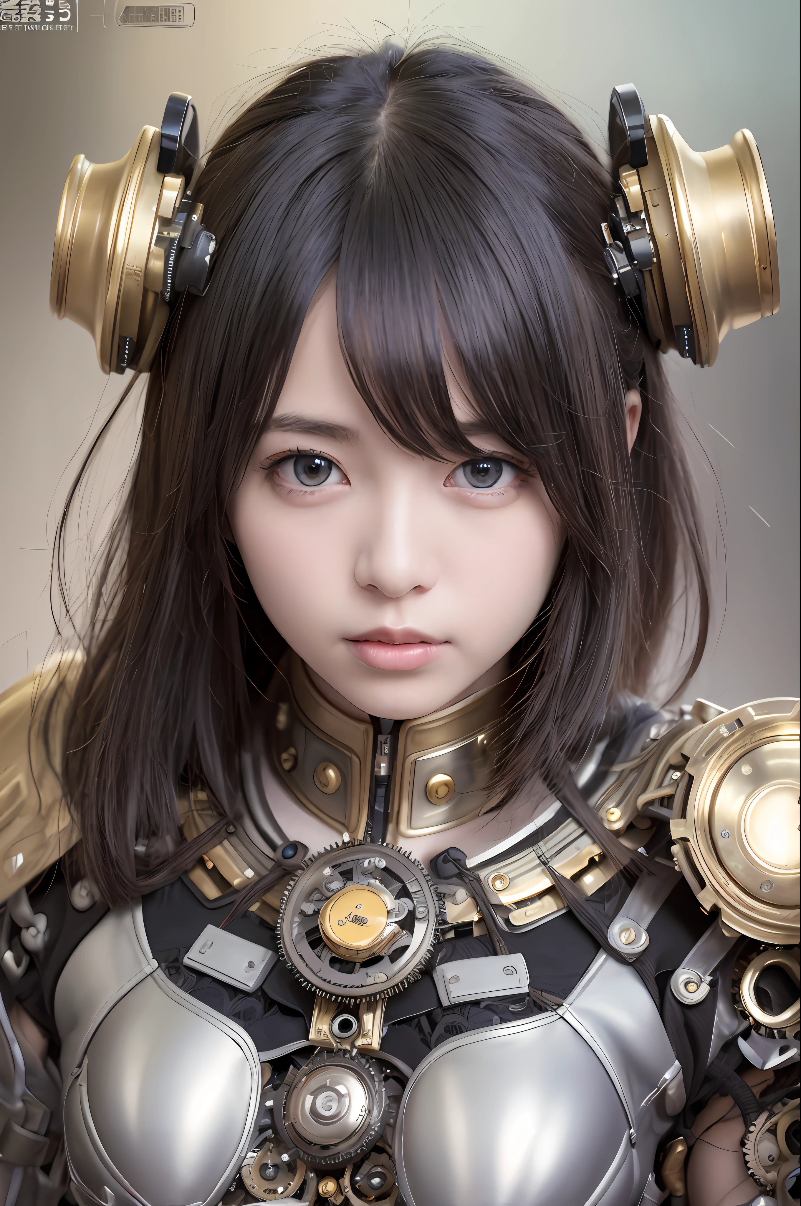 最好质量、巨作、ultra-high-resolution、(photoreallistic:1.4)、Raw photo、女の子1人、Black hair、glowy skin、1 Mechanical Girl、((hyper realistic detail))、portlate、Global Illumination、Shadow、octane rend、8K、ultrasharp、big tit、Raw skin is exposed in cleavage、metals、Details of complex ornaments、Steampunk details、Analog Meter、cog、gear、Golden hydraulic cylinder、hyper intricate details、Realistic light、CGSoation Trends、purple colored eyes、eyes glowing、Facing the camera、neon details、Mechanical limbs、blood vessels connected to tubes、Mechanical vertebrae attached to the back、mechanical cervical attaching to neck、sitting on、Wires and cables connecting to the head、vacuum tubes、cog、meter、Gundam、Small LED lamp、The background is a steampunk city、