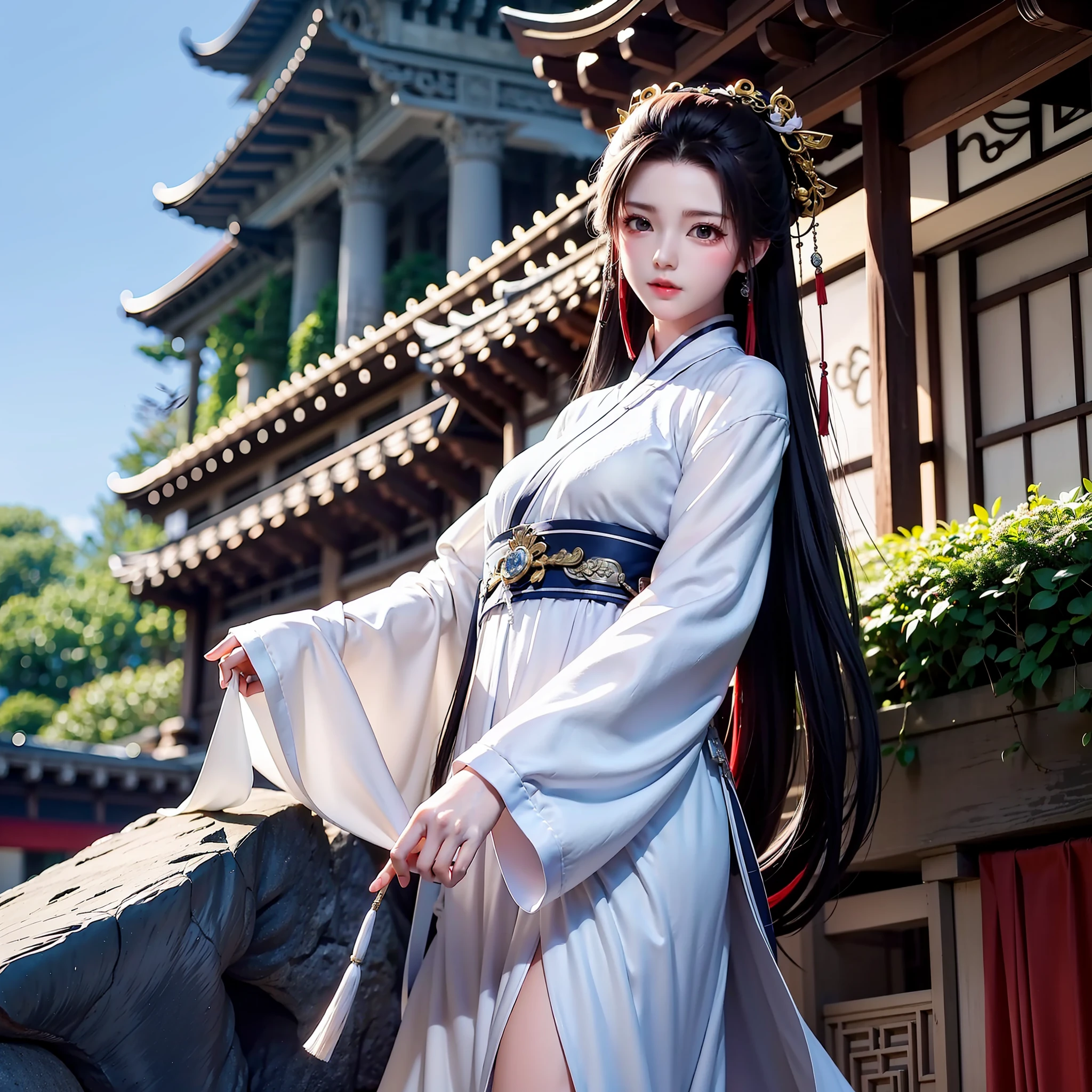 Wuxia, white horse, white robe, long hair, ancient buildings, deep mountains