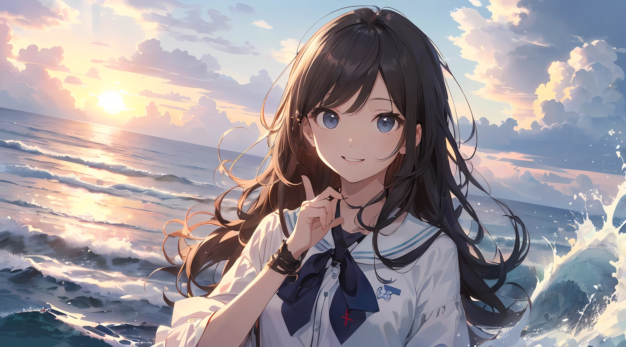 (最好质量:1.5)、(ultra hyper-detailed:1.5)、(Highest quality photos:1.5)、Beautiful girl、a very cute、Beautiful sea、Horizon、Summer sky、Into the cloud、beach、1 persons、Staring at the clouds、Radiant smile、