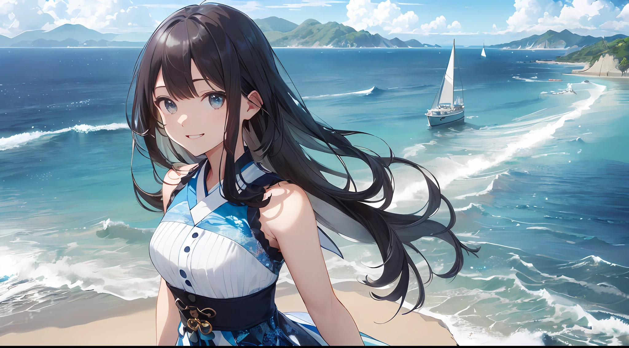 (最好质量:1.5)、(ultra hyper-detailed:1.5)、(Highest quality photos:1.5)、Beautiful Girl  Girl、a very cute、Transparent skin、Beautiful sea、The ocean as far as the eye can see、Summer sky、Into the cloud、beach、1 persons、Staring at the clouds、Radiant smile、Islands in the Seto Inland Sea、