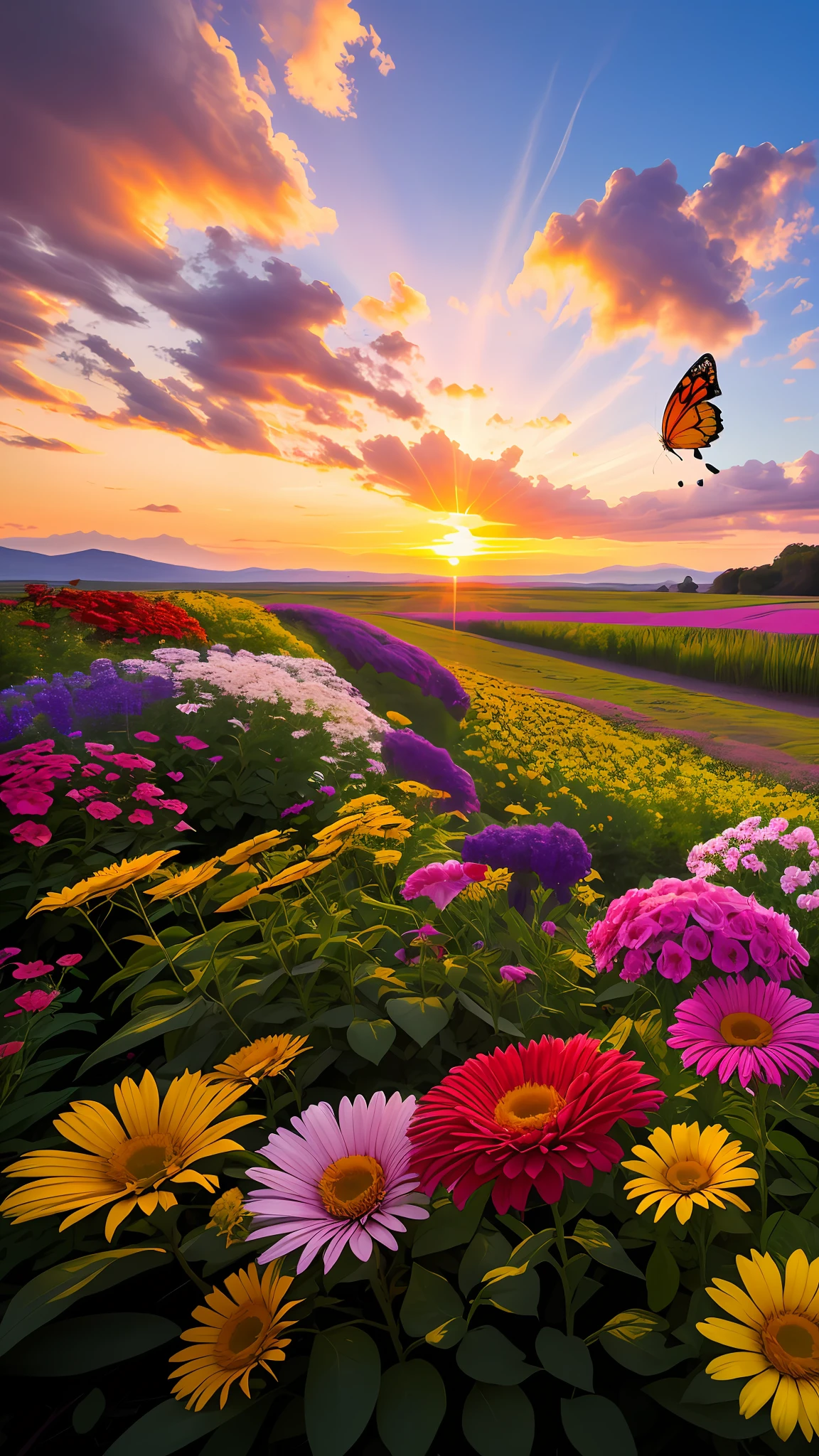 "Create an image inspired by nature, with flowers, butterflies and a sunset."