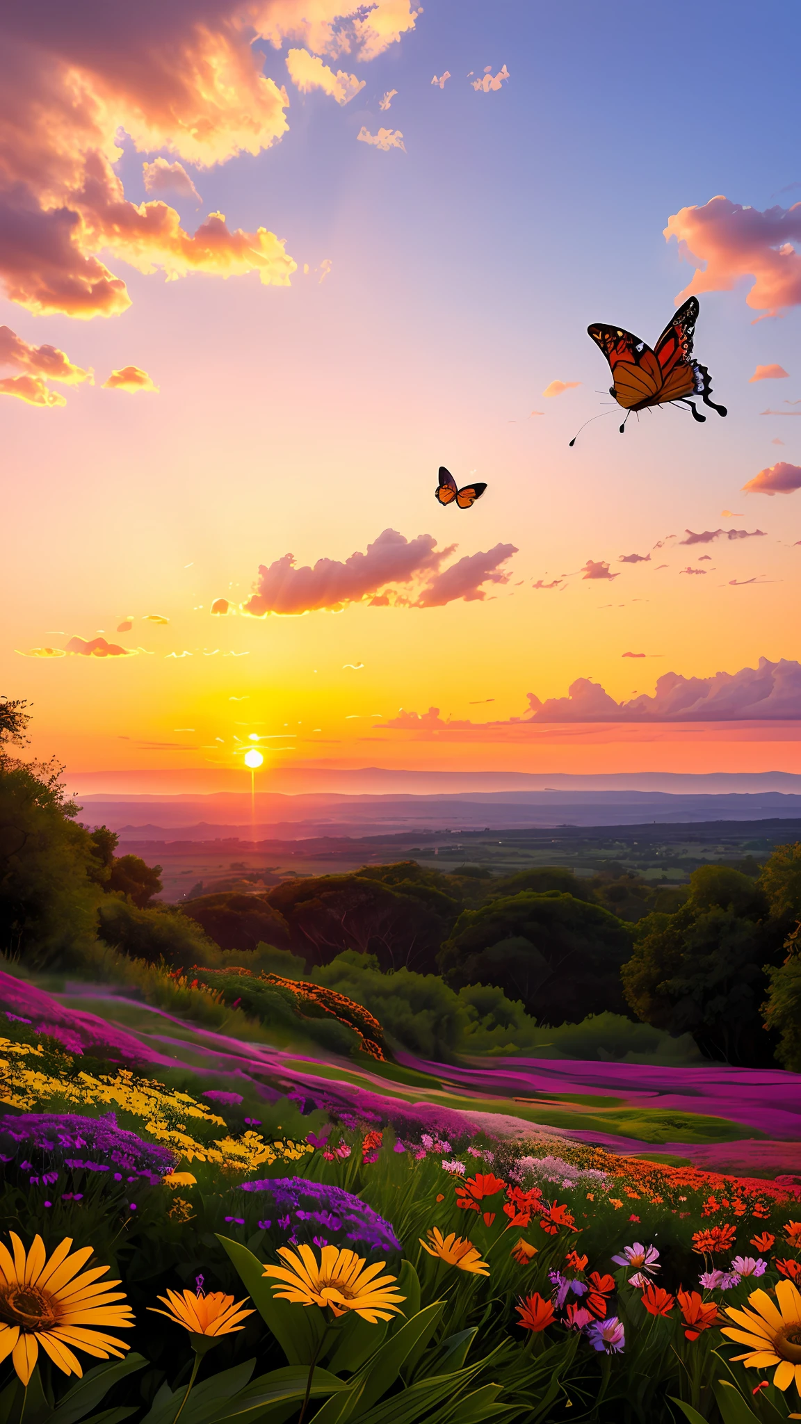 "Create an image inspired by nature, with flowers, butterflies and a sunset."