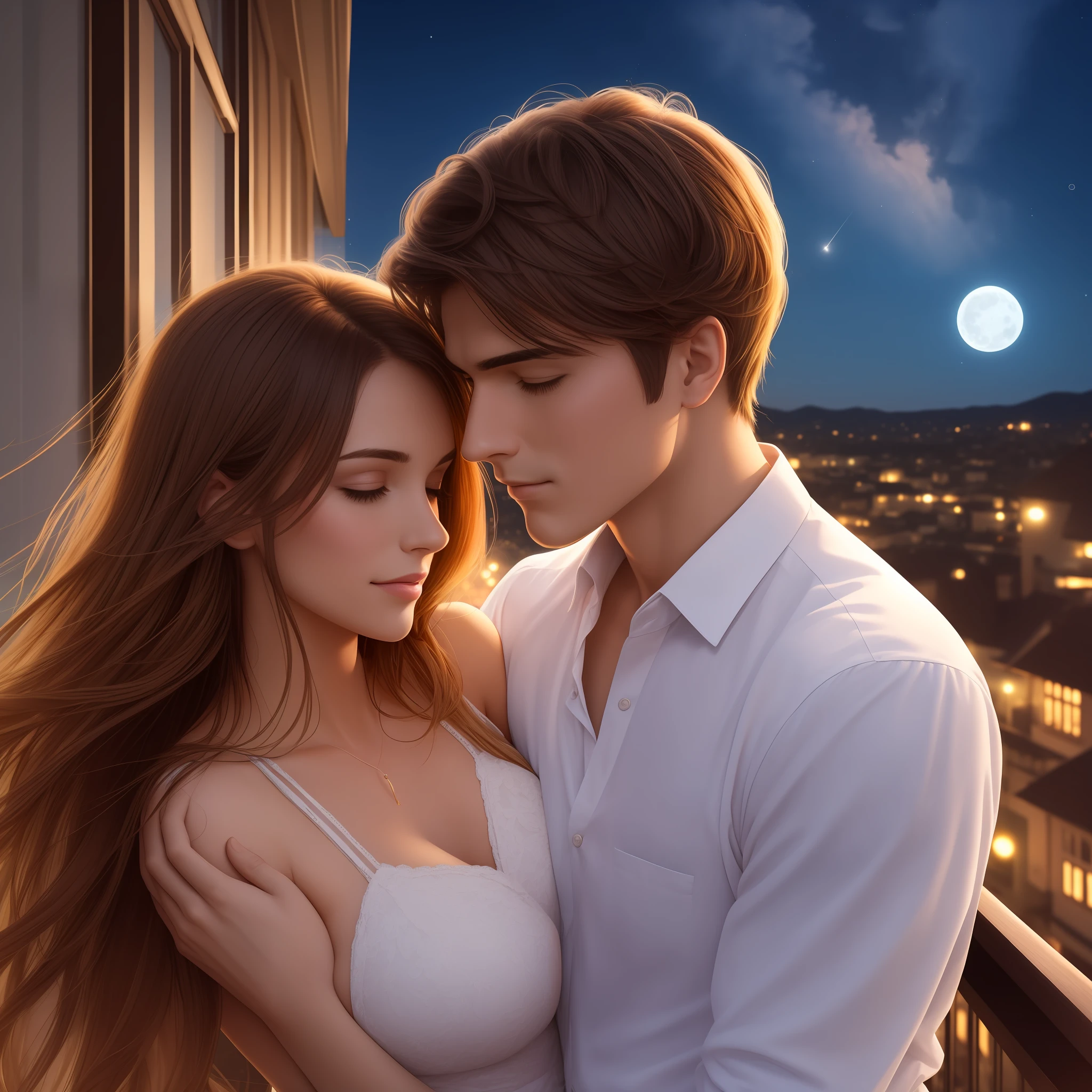 beautiful woman and handsome man, standing on a balcony at night, hugging, looking at the moon and stars in the sky, romantic summer night, close up