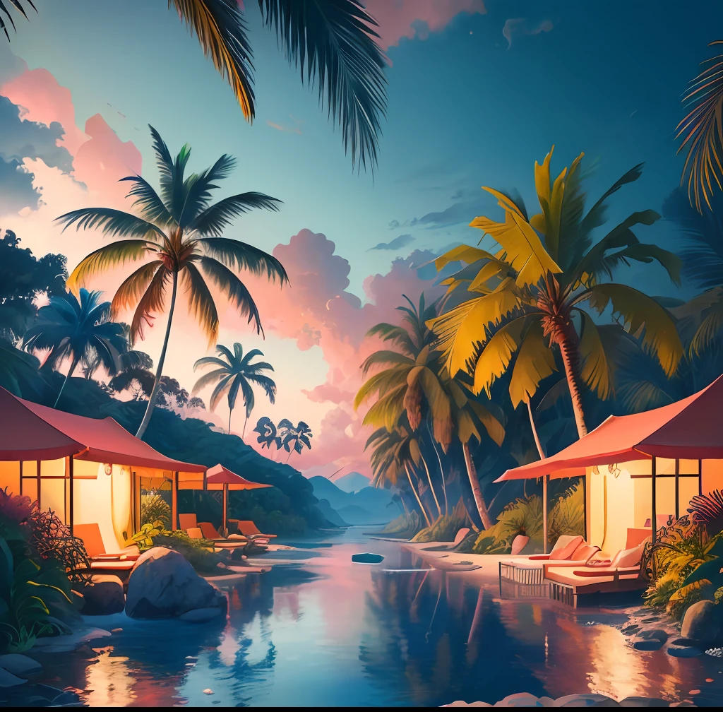 ((Best quality)), ((masterpiece)), (highly detailed:1.3)Beautifully vibrant pink and blue background featuring an abstract and real tropical landscape, with stunning tropical palm trees, coconut trees and other lush tropical foliage bringing the scene to life in vivid detail and creating a wonderfully relaxing and uplifting tropical atmosphere.,hyperdetailed,realistic,hyperrealism