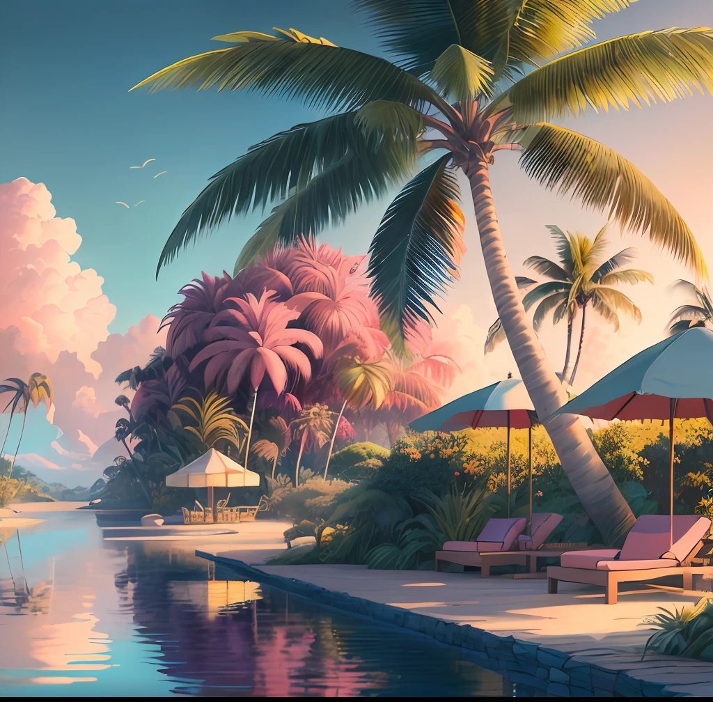 ((Best quality)), ((masterpiece)), (highly detailed:1.3)Beautifully vibrant pink and blue background featuring an abstract and real tropical landscape, with stunning tropical palm trees, coconut trees and other lush tropical foliage bringing the scene to life in vivid detail and creating a wonderfully relaxing and uplifting tropical atmosphere.,hyperdetailed,realistic,hyperrealism
