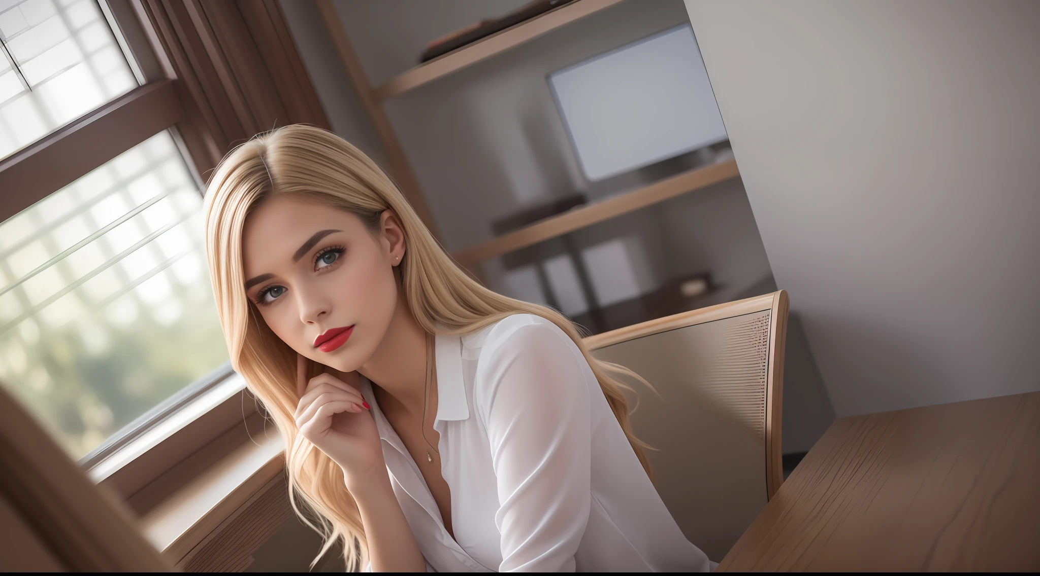 Uma mulher jovem e bonita, blonde hair that falls gently in waves up to the shoulders, altura mediana, olhos grandes e verdes, pele clara, roupas elegantes e sociais, she's in a meeting room at work, There are people around the table talking to each other, ela apenas observa, lighting of the office lights but there is a natural light coming in through the window that illuminates your hair, ela esta com um caderno de notas sobre a mesa, seu semblante esta naturalmente sereno, lips with red lipstick, work desk with some papers, quadro mais aberto, Textura 8K, altamente detalhados, realista, soft  Cinematic Light, HDR, sharp fokus, obra-prima, fotorrealista, fotografia premiada, Canon EOS R5, 35 mm.