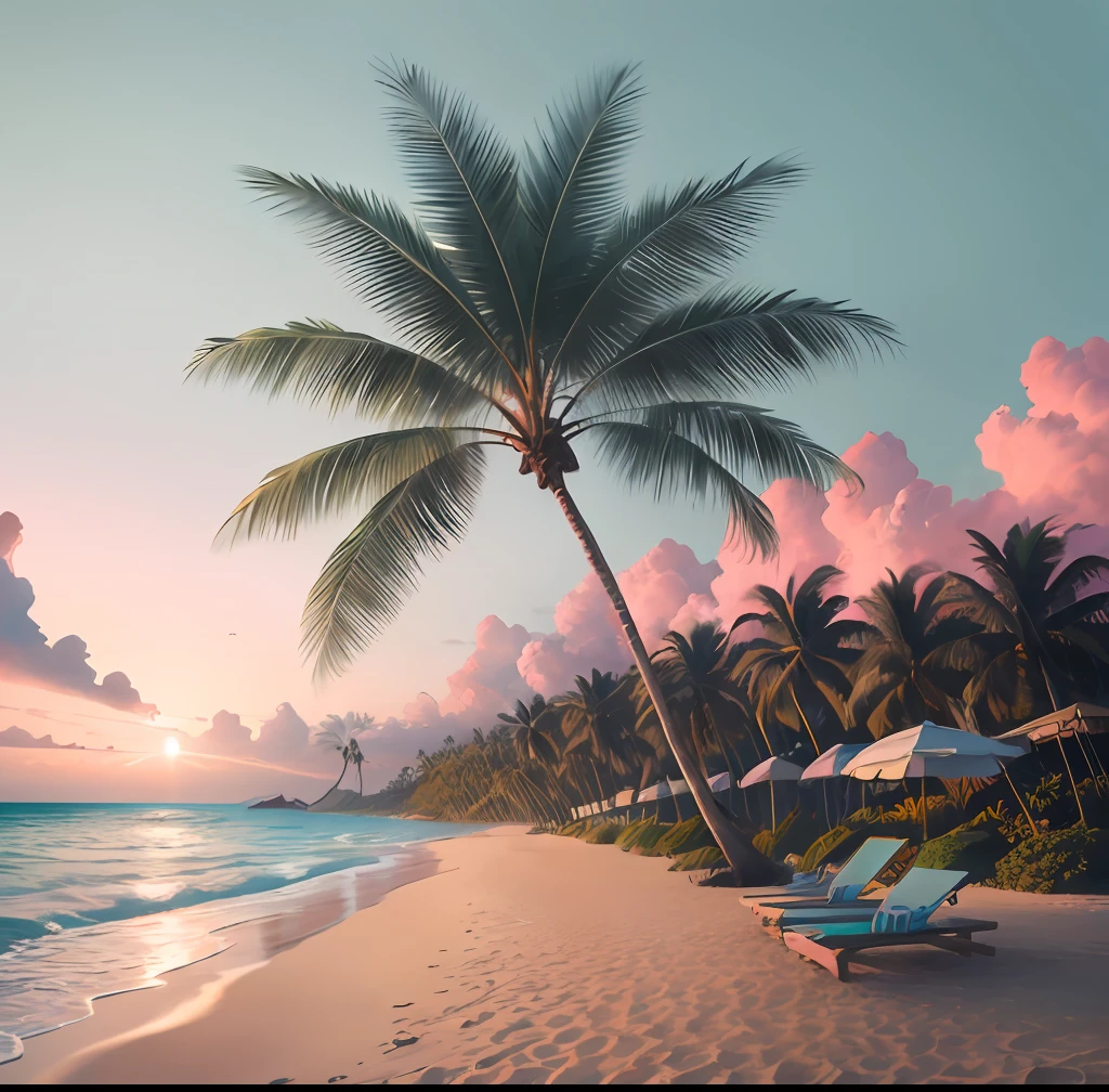 ((Best quality)), ((masterpiece)), (highly detailed:1.3) palm tree on a pink and blue background, tropical trees, tropical palms, palm trees, palm trees on the beach, coconut trees, palm trees in the background, tropical atmosphere,hyperrealistic,hyperrealism,hyperdetailed