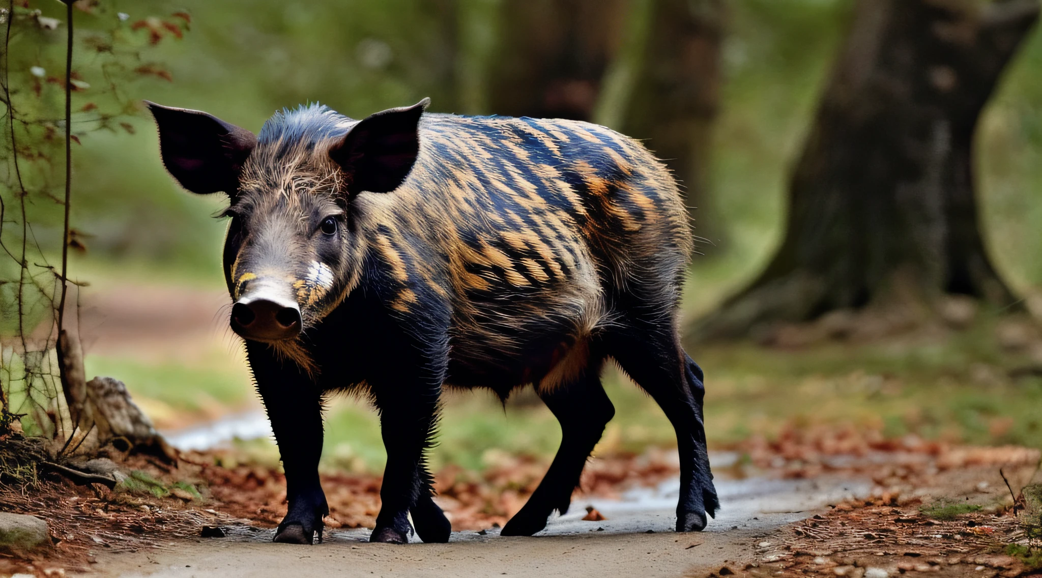 A photographic portrait of a wild boar, durante o dia no outono, in 8k resolution.