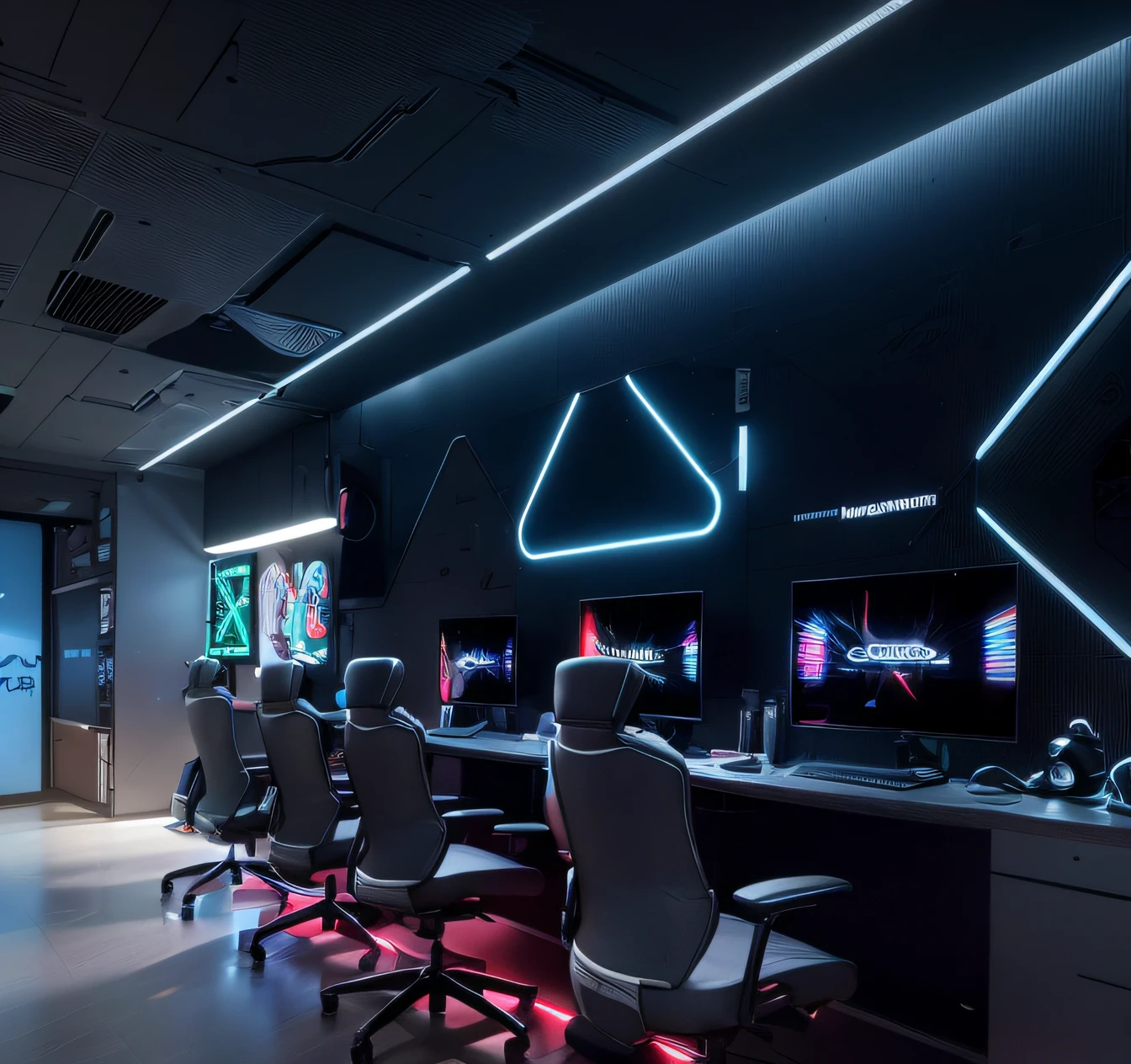 a close up of a row of gaming chairs in a room, gamingroom, gaming room in 2 0 4 0, e-sport style, Esports, led gaming, Gaming, extreme render, gaming pc, videogame 3d render, in a cyberpunk themed room, Futuristic room, gaming chair, alienware, with neon lights, cyberpunk interior, futuristic interior
