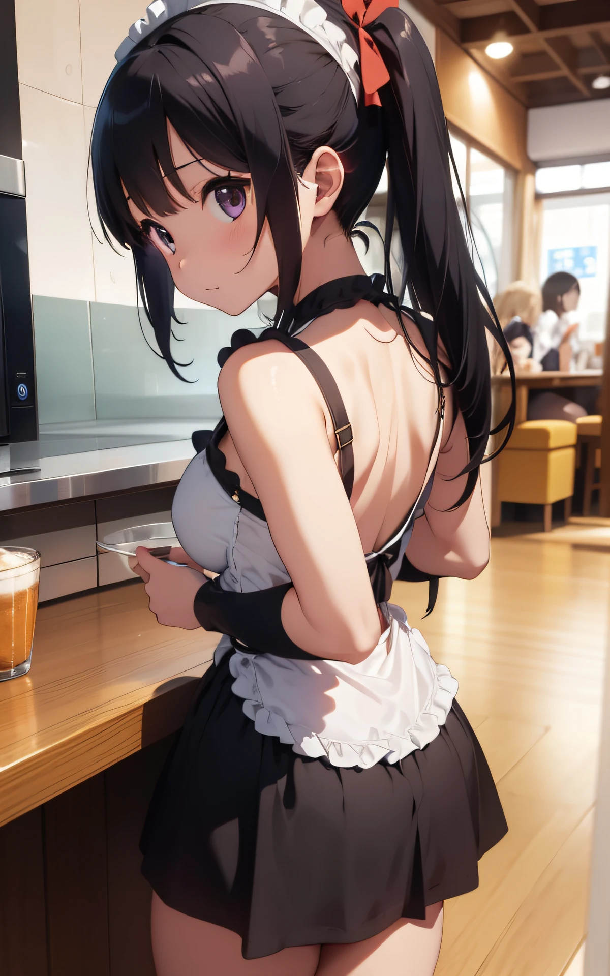 最好质量、1girl in、maid、garterbelts、sora、colorful strands of hair、a cute 、Lustrous skin、24 years old、Shines、High contrast、Tempting、Sensual milf, Serving customers at a café, big tit、White blouse、Black skirt、Sleeveless、Beautiful thighs、White headband、poneyTail、A low-angle、backshots