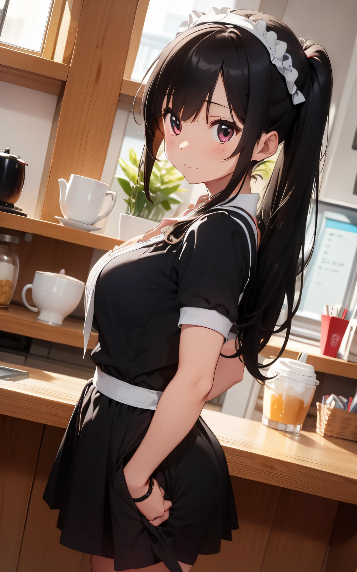 最好质量、1girl in、maid、garterbelts、sora、colorful strands of hair、a cute 、Lustrous skin、24 years old、Shines、High contrast、Tempting、Sensual milf, Serving customers at a café, big tit、White blouse、Black skirt、Sleeveless、Beautiful thighs、White headband、poneyTail、A low-angle、backshots