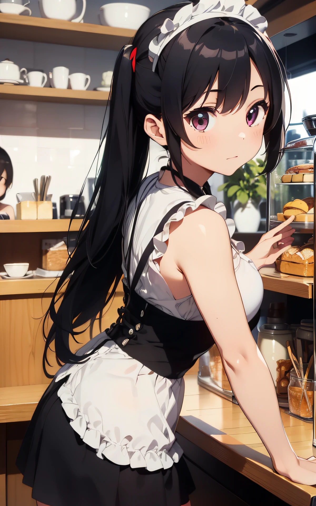 最好质量、1girl in、maid、garterbelts、sora、colorful strands of hair、a cute 、Lustrous skin、24 years old、Shines、High contrast、Tempting、Sensual milf, Serving customers at a café, big tit、White blouse、Black skirt、Sleeveless、Beautiful thighs、White headband、poneyTail、A low-angle、backshots