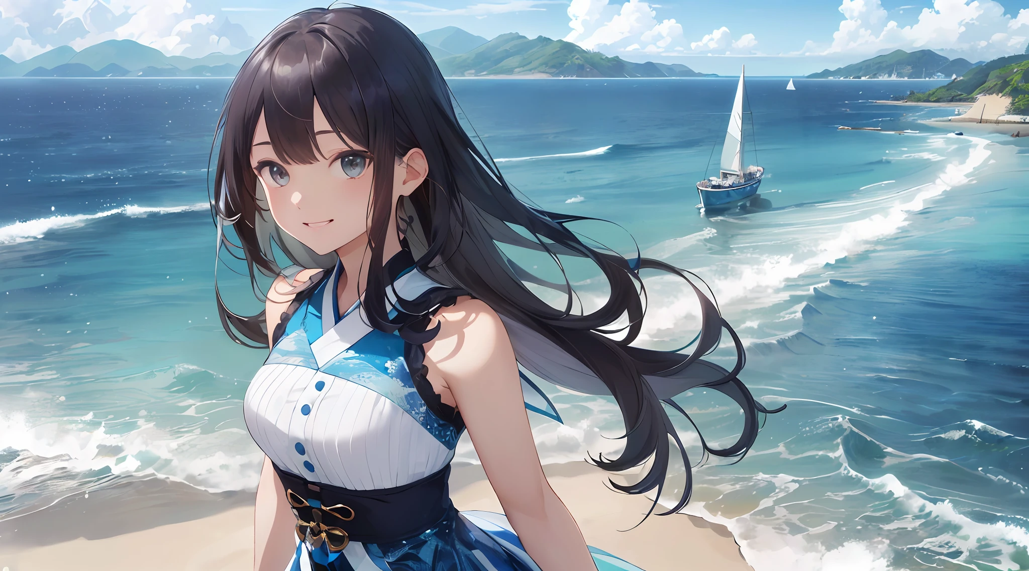 (最好质量:1.5)、(ultra hyper-detailed:1.5)、(Highest quality photos:1.5)、Beautiful Girl High School Girl、a very cute、Transparent skin、Beautiful sea、The ocean as far as the eye can see、Summer sky、Into the cloud、beach、1 persons、Staring at the clouds、Radiant smile、Islands in the Seto Inland Sea、