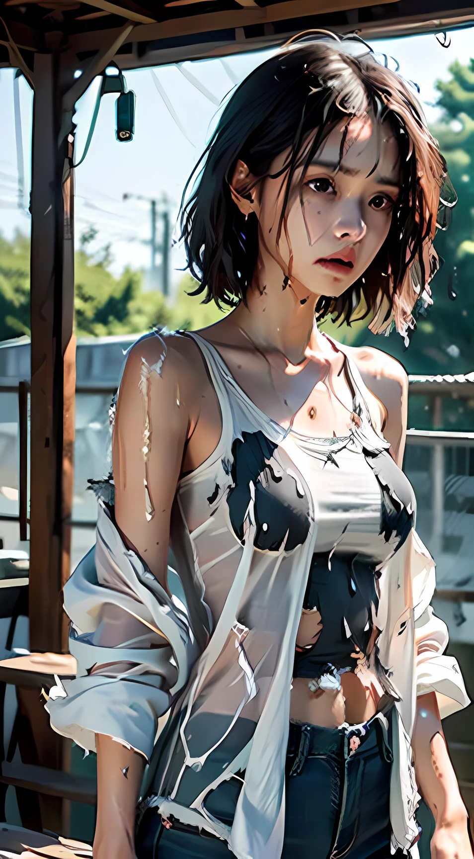 Best picture quality, masterpiece, ultra high resolution, (fidelity :1.4), photo, 1 girl,[(sadness)],white shirt, Dim, dark, desperate, pitying, pitiful, cinematic,tear,teardrop,(Torn clothes:1.5), (Wet clothes:1.4), bare shoulders,Real rain,wet hair,..