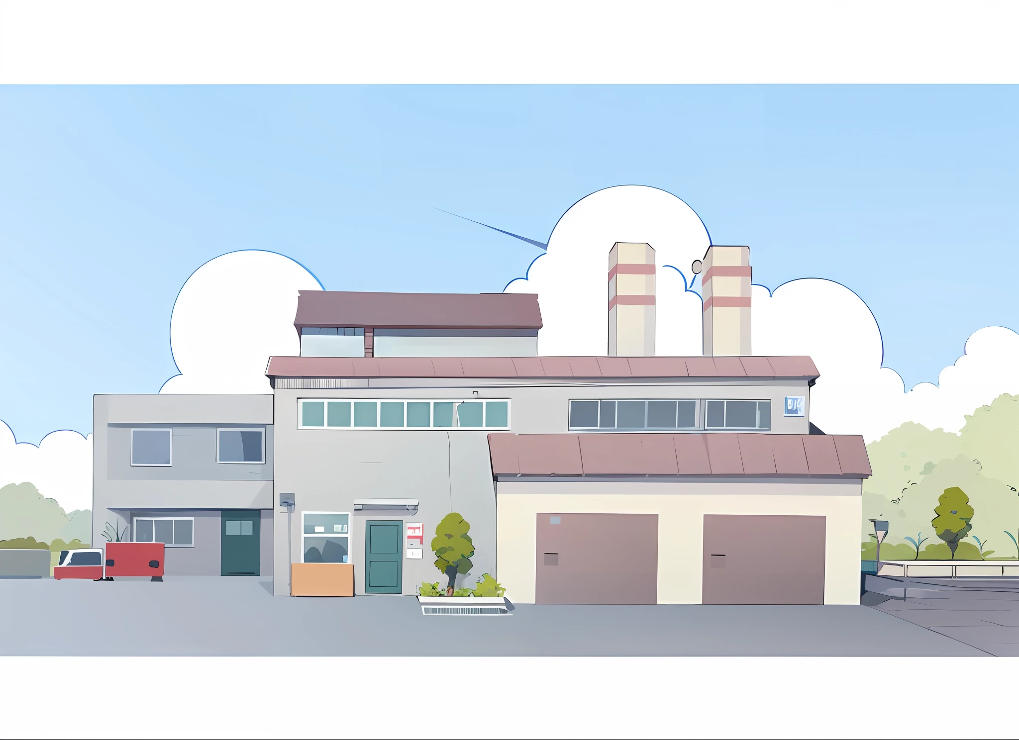 illustration of a factory with a bench and a bench in front of it, Factory background, Factory, detailed factory, industrial factory, residential area, clean lineart and flat color, house、Shops and buildings, Flat illustration, anime style cityscape, Simple cartoon style, flat color and line, Simple and clean illustration, industrial buildings, tall factory, industrial surrounding