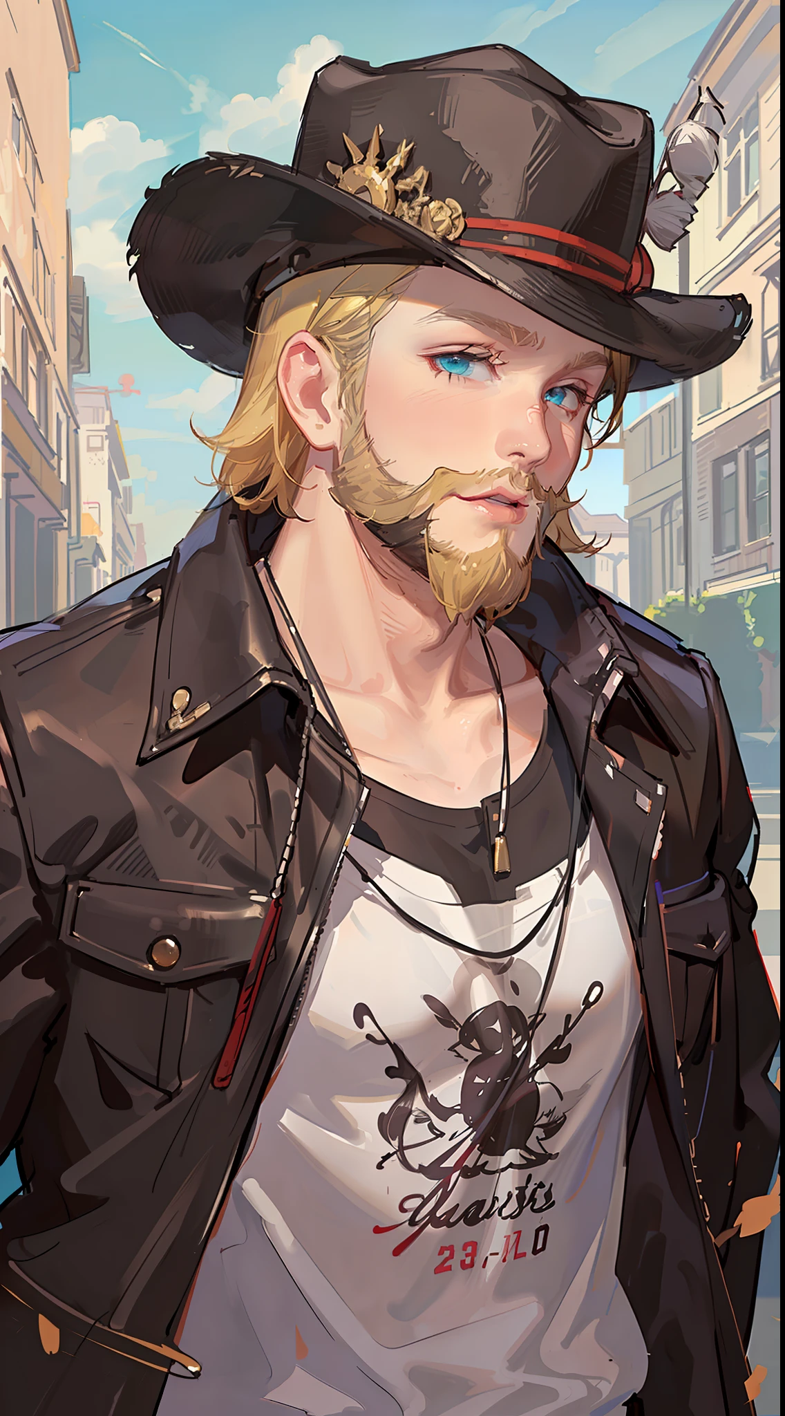 Haute, fat guy, short blonde curly hair, Cyan eyes, Small beard, cowboy hat, leather jacket, red t-shirt, cigar, Masterpiece, high qulity