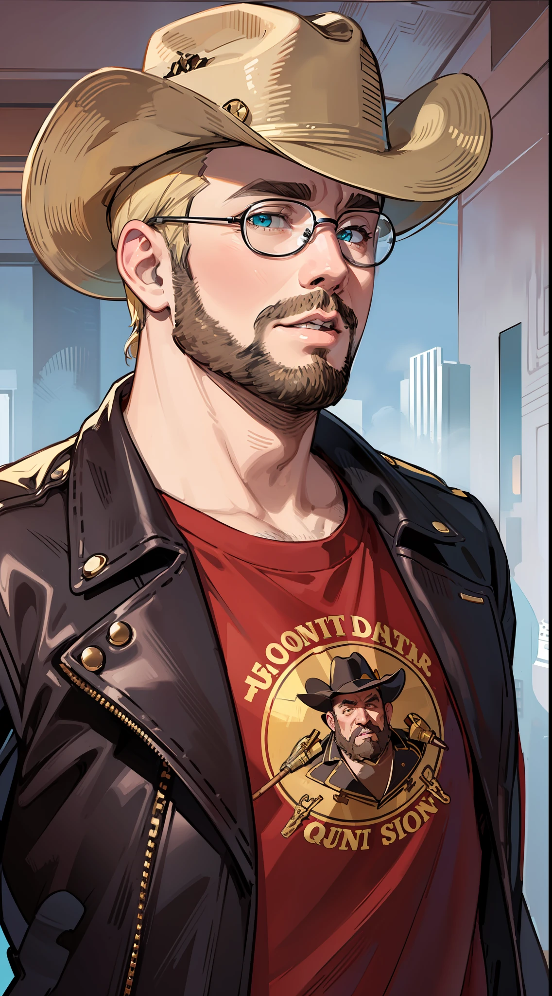 Haute, fat guy, short blonde curly hair, Cyan eyes, Small beard, cowboy hat, leather jacket, red t-shirt, cigar, Masterpiece, high qulity