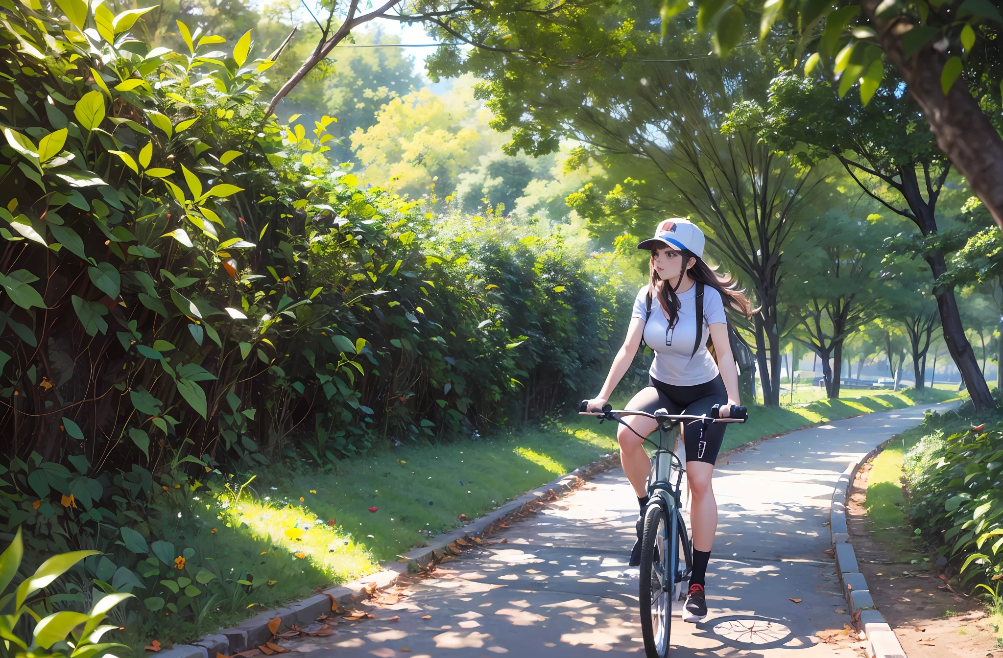 uma mulher andando de bicicleta no bosque.
