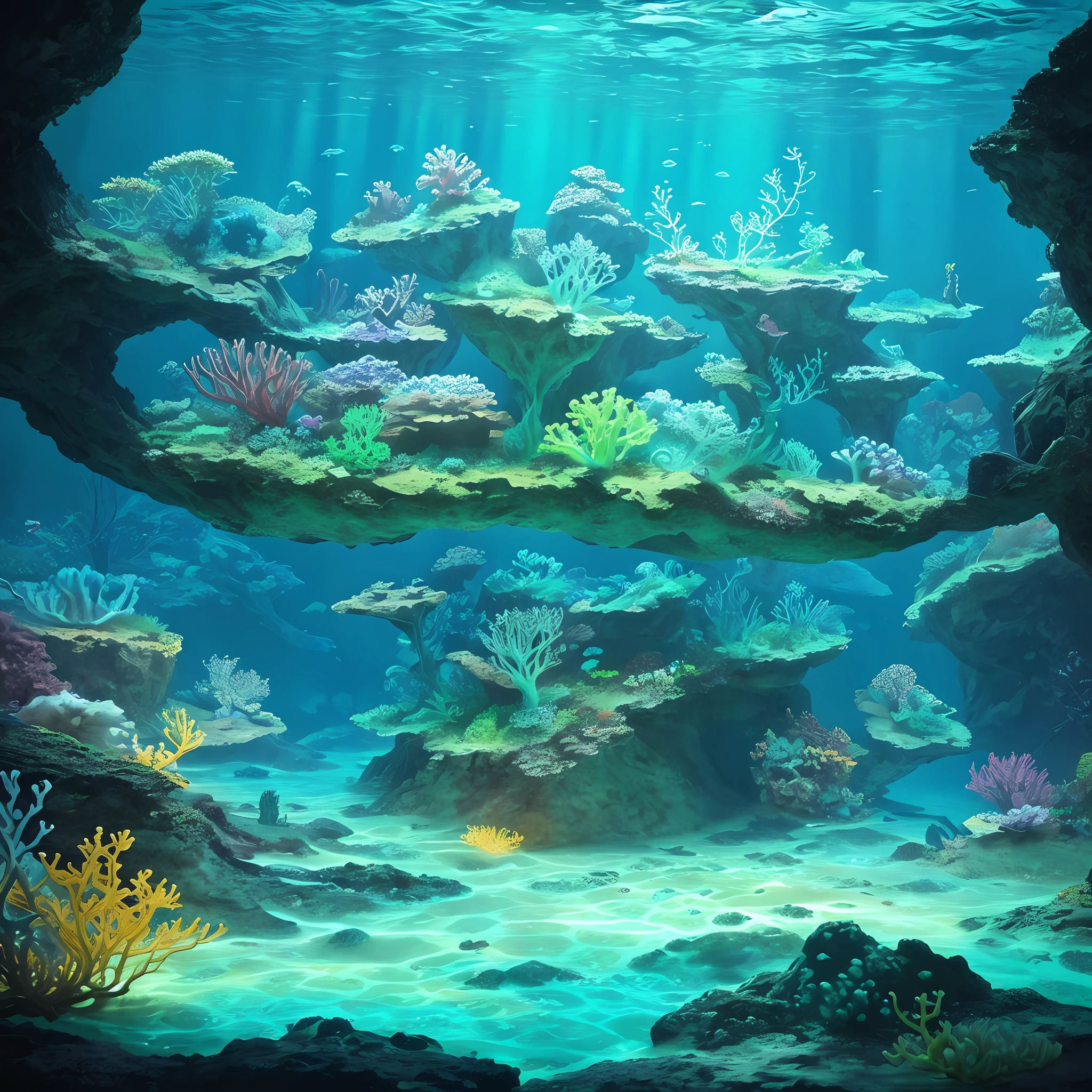 "Create an illustration of an underwater world inhabited by luminous sea creatures and lush glow-in-the-dark plants."