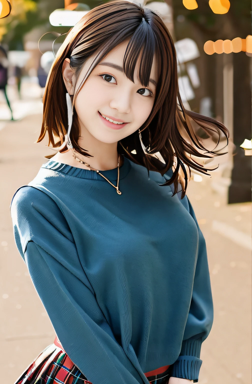 a smile、Blue sweater、Tartan checked skirt、campus