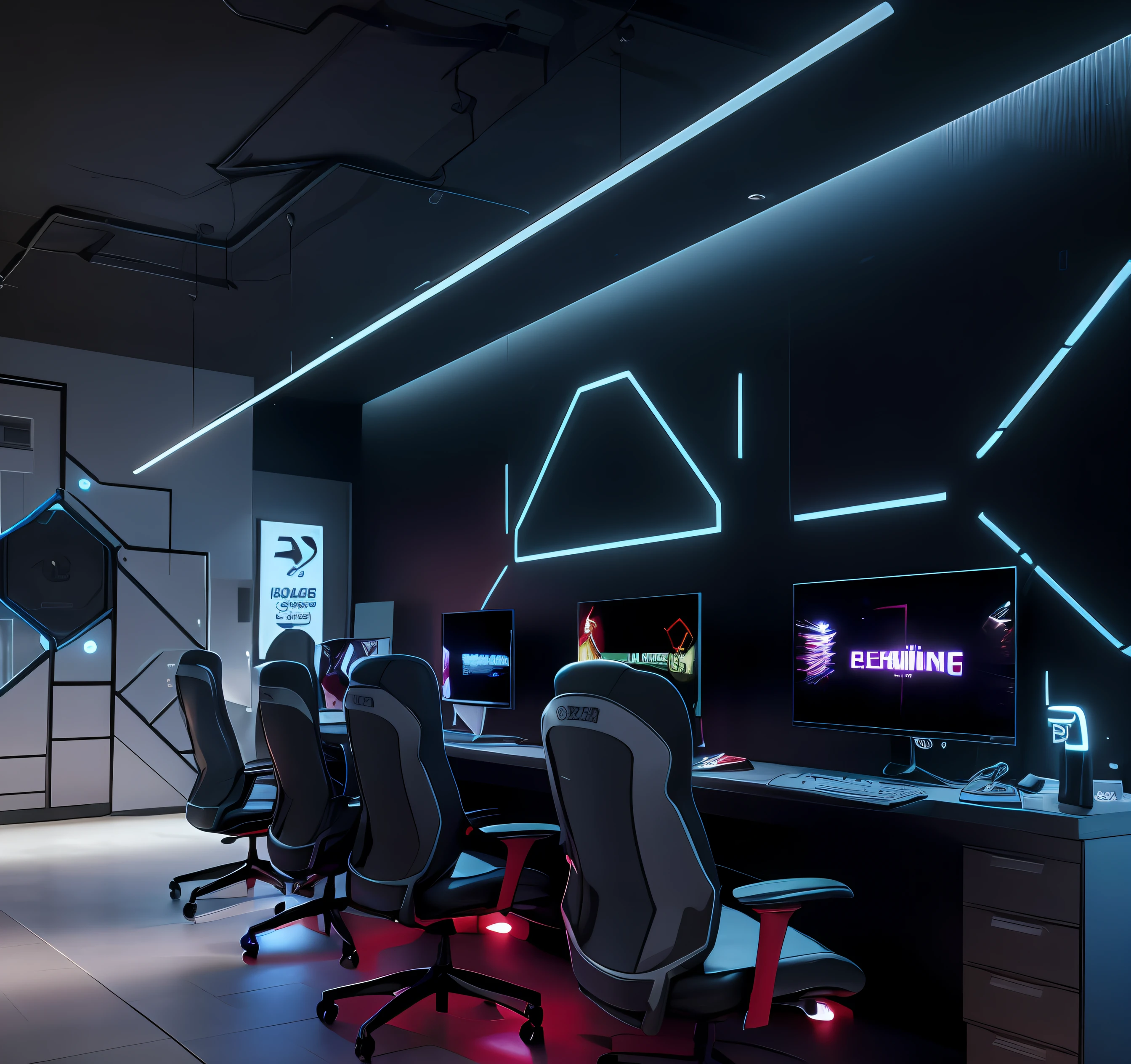 a close up of a row of gaming chairs in a room, gamingroom, gaming room in 2 0 4 0, e-sport style, Esports, led gaming, Gaming, extreme render, gaming pc, videogame 3d render, in a cyberpunk themed room, Futuristic room, gaming chair, alienware, with neon lights, cyberpunk interior, futuristic interior