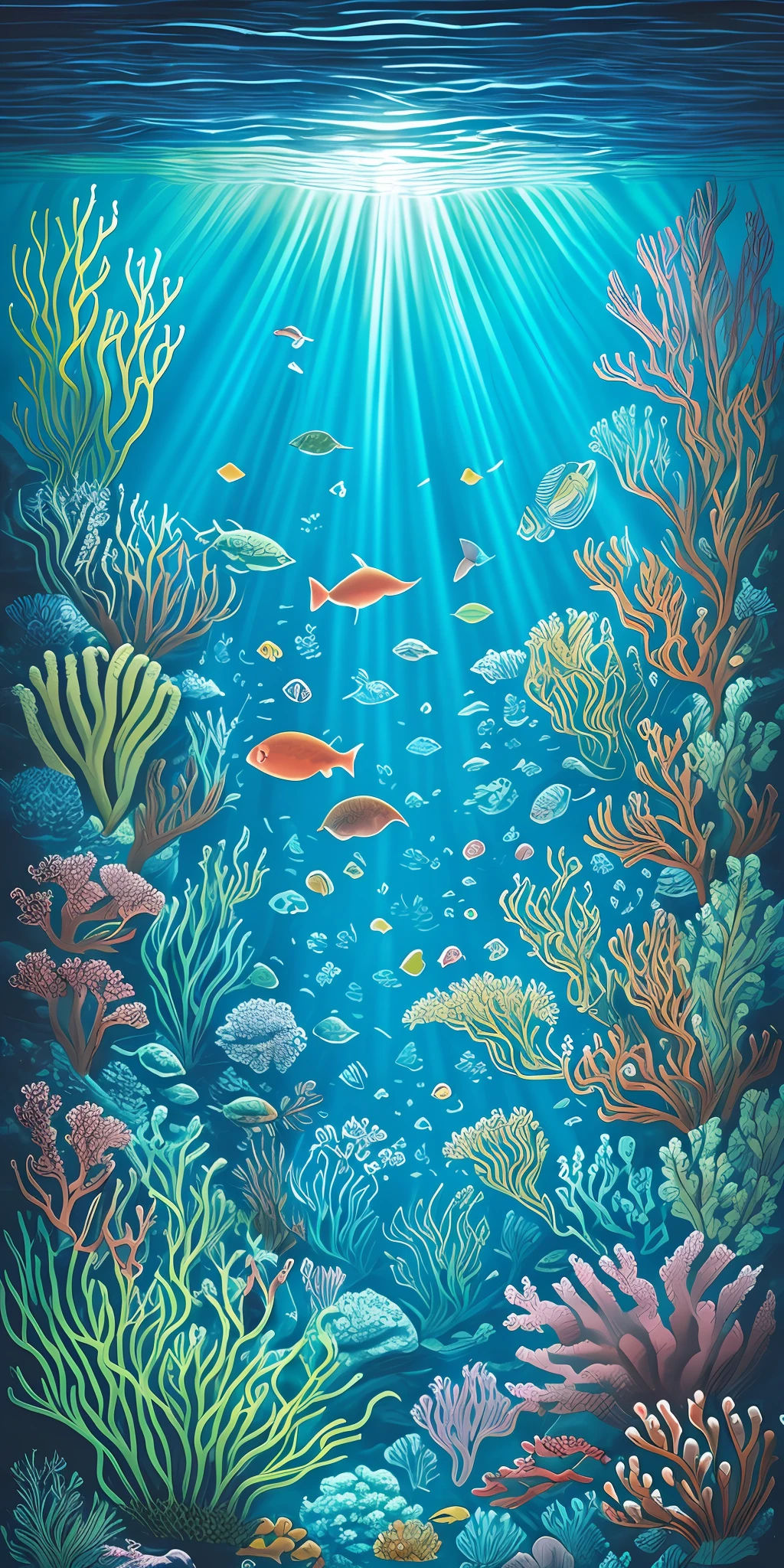 "Create an illustration of an underwater world inhabited by luminous sea creatures and lush glow-in-the-dark plants."