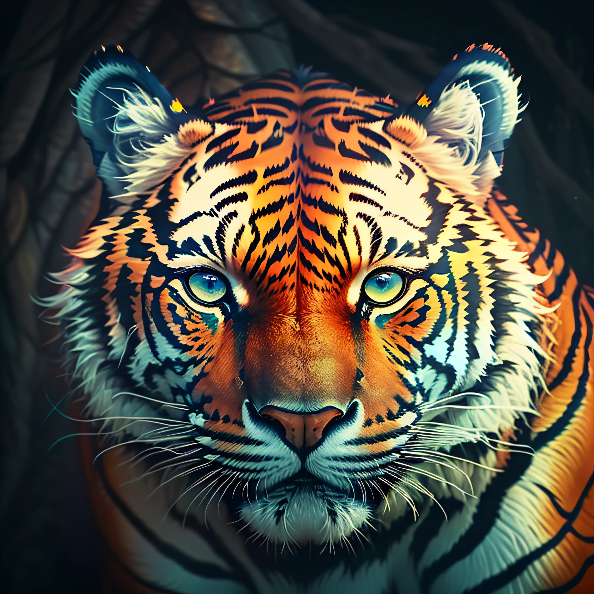 Tiger head realistic 8k mystic detailed front view sharp colors