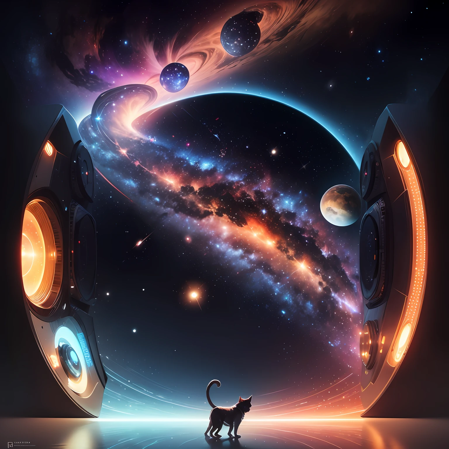 Logo, logo, symbol, company, to galaxies, stars, planets or nebulae to convey the idea of an intergalactic universe, dogs, cats, Vibrant and futuristic colors, electronics, pets, pet feeder, physics --auto