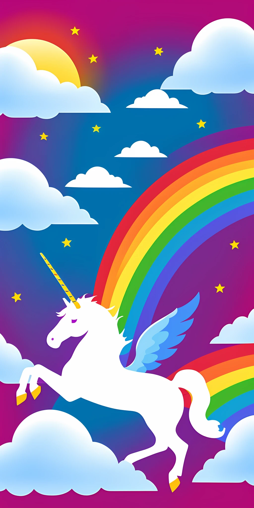 "Generate an image of a winged unicorn flying over a rainbow while carrying a giant ice cream."