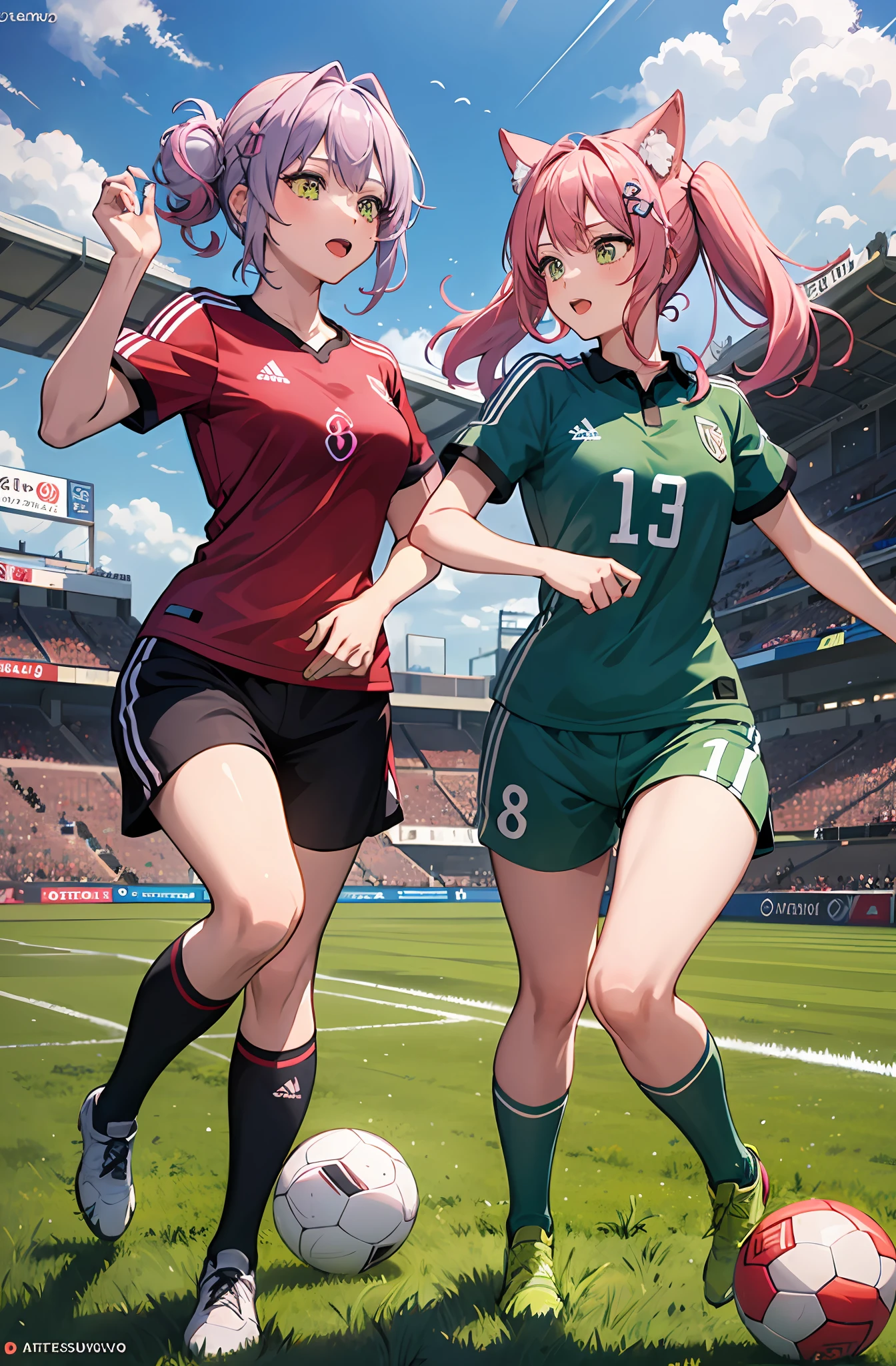 2 girl, 1 girl Tokoyami Towa dressed in black and red soccer team uniform (Bayer Leverkusen) vs 1 girl Hakui koyori dressed in the green uniform of the soccer team (palmeras), vs en medio de las 2 chica, soccer ball, 2 Different girls, obra maestra, 8k, altaresolusión,