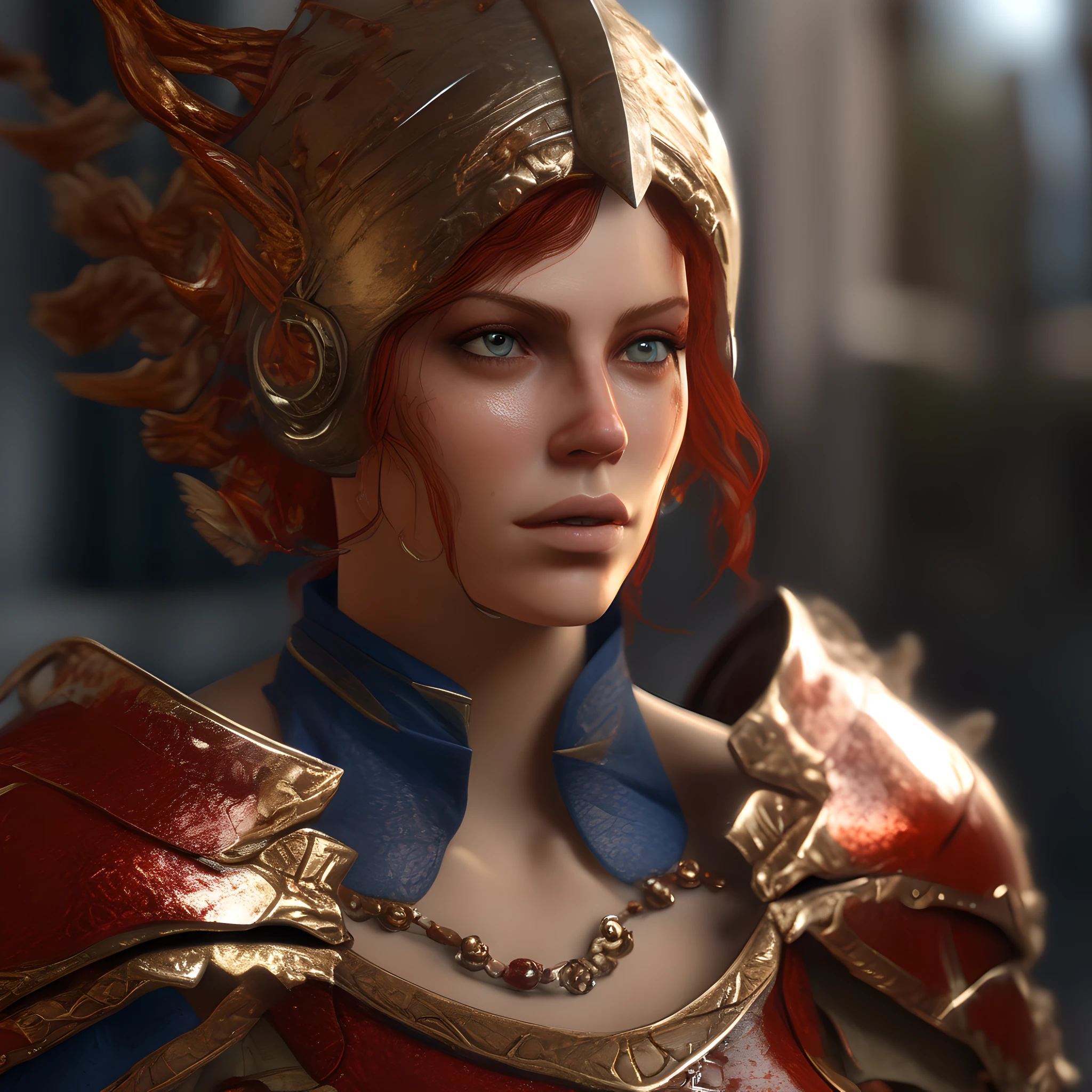 Mulher ruiva, olhos azuis de armadura dourada detalhada, 8k, unreal engine 5, render, respingos de sangue