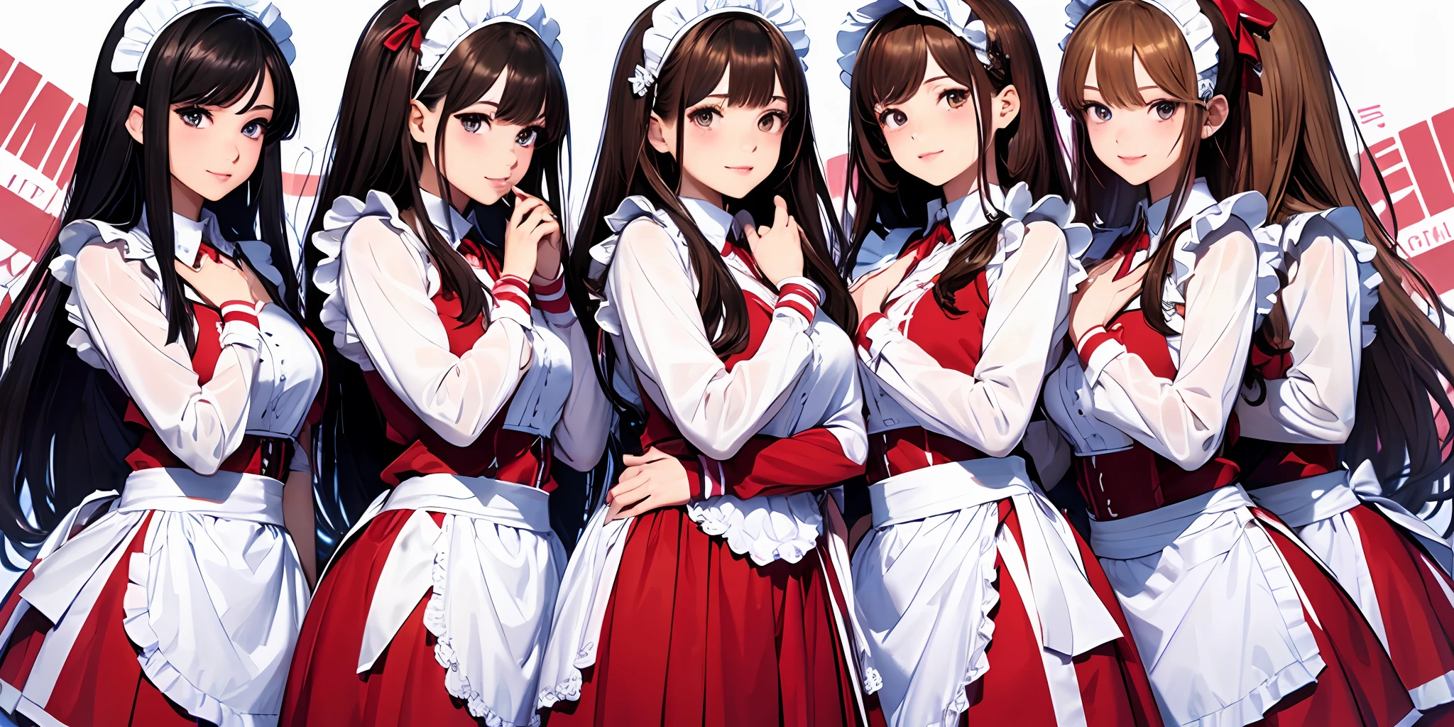 perfect anime illustration, multiple girls, thousands of girls, millions of girls, clones, identical sisters, neat rows of sisters, neat columns of sisters, sisters standing in formation, sisters in background, brown hair, curly hair, matching hairstyle, hazel eyes, smiling, ((matching outfits, maid uniform)), matching hairstyles, white background, highres, full body, pose