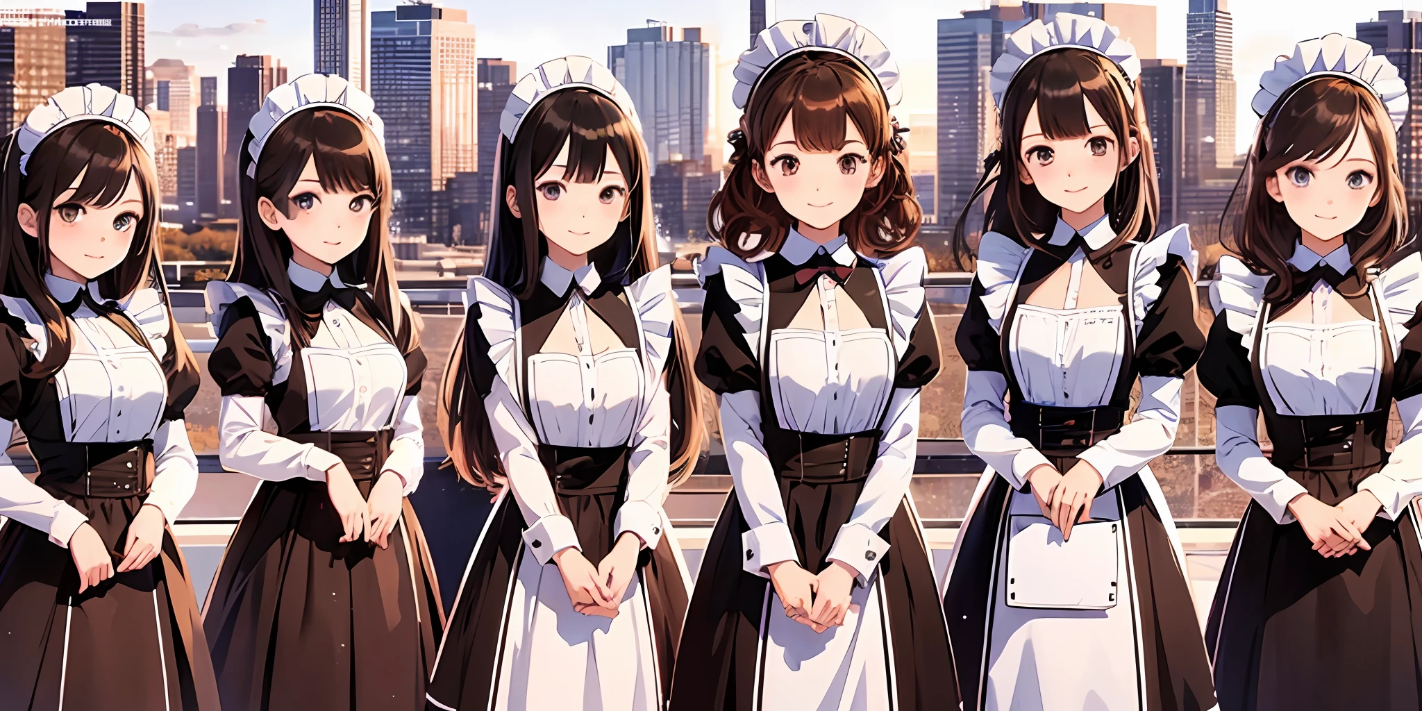 perfect anime illustration, multiple girls, thousands of girls, millions of girls, clones, identical sisters, neat rows of sisters, neat columns of sisters, sisters standing in formation, sisters in background, brown hair, curly hair, matching hairstyle, hazel eyes, smiling, ((matching outfits, maid uniform)), matching hairstyles, white background, highres, full body, pose