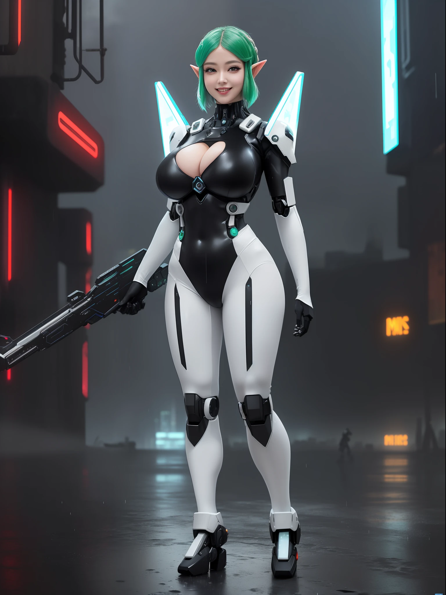 ((full body):1.5), {(Princess Zelda)}, {(((wearing black mecha costume with white parts extremely tight on her body)), ((extremely large breasts)), short blue hair, eyes green, is looking at the viewer, smiling, ((doing erotic pose)) holding futuristic weapons), (background: destroyed city, ((raining heavily))))}, ((cyberpunk):1.2), 16k, high quality, high detail, UHD