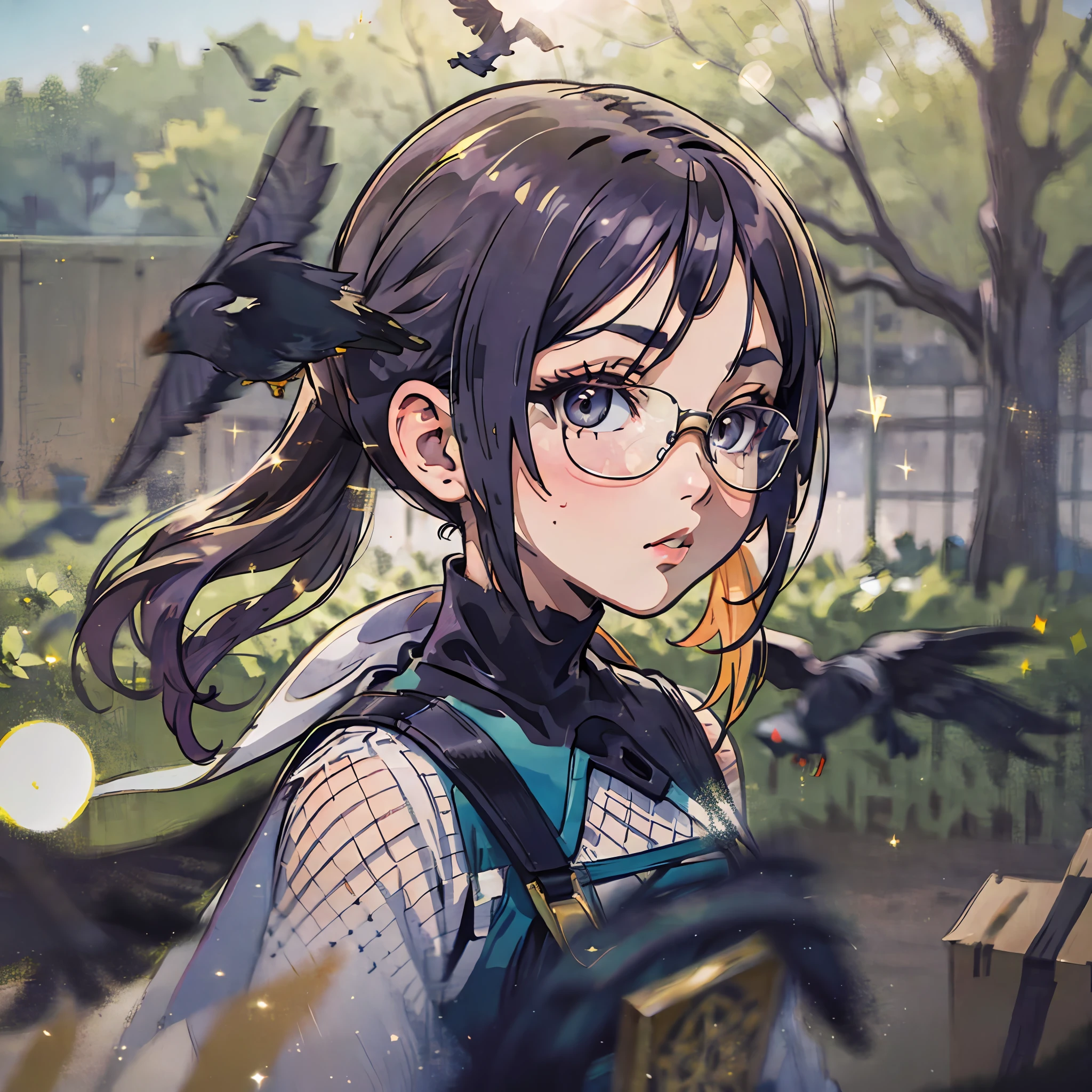 (award winning 8k concept art:1.3) of (young woman looking at the flying crows:1.3), close to camera, sweet, front, epic, (masterpiece:1.4), (best quality:1.4), Amazing, beautiful, finely detailed, (Depth of field:1.4), 8k, fine art, stunning, (light reflections:1), (crisp:1.6), red twin tails, vibrant, (edge detection:1.4), absurdres, impressive, 120mm, clear, lens flare, wide shot, wide angle, colorful