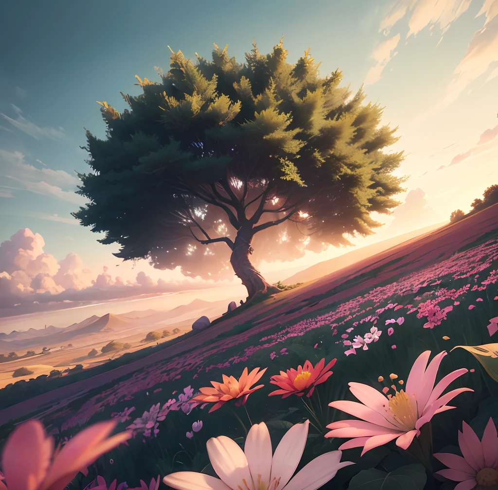 (Hyperrealistic),(ultrarealistic),(photorealistic),This scene depicts a vibrant and colorful scene of two palm trees side by side with lush green leaves. The foreground is dominated by the large palm tree which stands tall in the center of the scene. Its trunk is thick and sturdy while its branches reach outwards towards the sky. The leaves are an emerald green color that contrasts nicely against the red and pink background. Atop each branch are clusters of small pink flowers that add to the beauty of this scene which comes to life,8k,Surreal landscape --auto