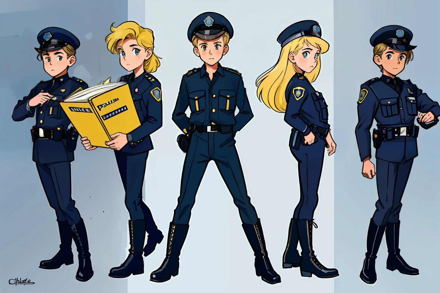 classic 80's cartoon, man, blond, 25 years old, policeman in uniform, [full body], standing, looking straight at the viewer, wears a police uniform and (black boots) color illustration for a children's book,