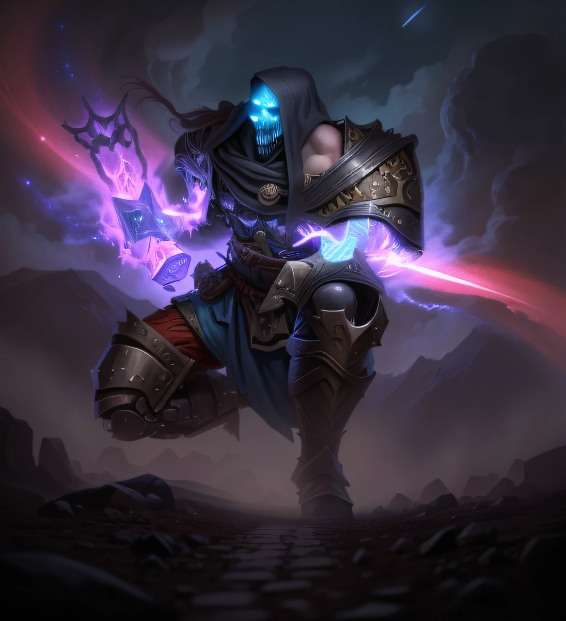 there is a picture of a man standing in the middle of a field, cavaleiro da morte, cavaleiro da morte, Um feiticeiro todo-poderoso, Mago vivo morto, a shaman holding up the universe, Um enorme deus gigante celestial, Estilo de arte do mundo de Warcraft, dark flower shaman, mage the ascension, Paladino Grimdark, Lich Demon Mage Classe, clothed in ethereal battle armor