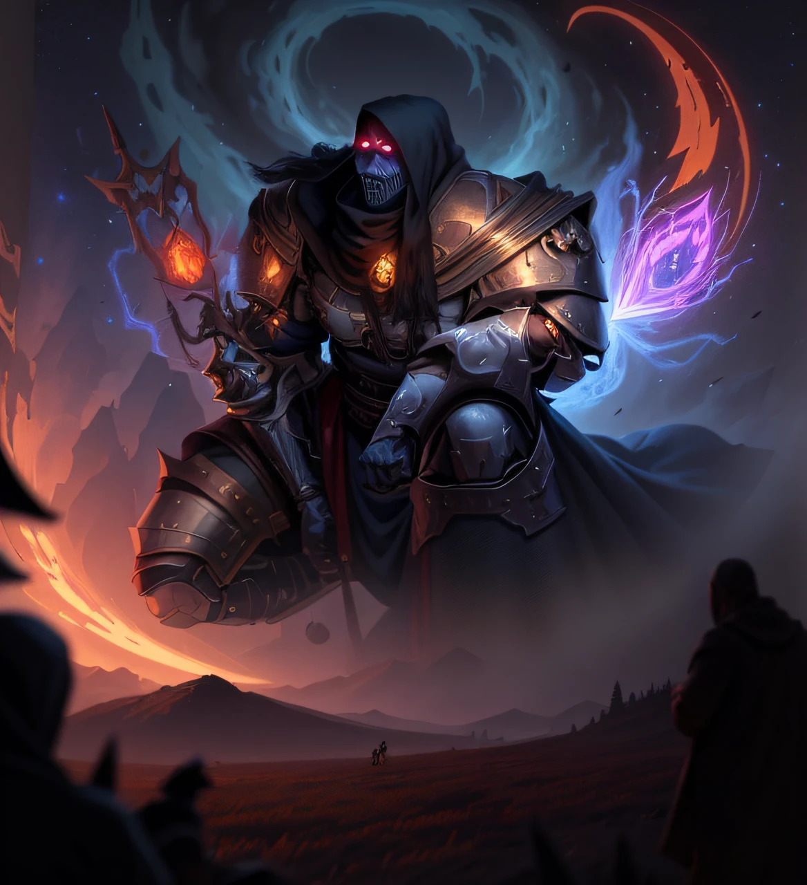 there is a picture of a man standing in the middle of a field, cavaleiro da morte, cavaleiro da morte, Um feiticeiro todo-poderoso, Mago vivo morto, a shaman holding up the universe, Um enorme deus gigante celestial, Estilo de arte do mundo de Warcraft, dark flower shaman, mage the ascension, Paladino Grimdark, Lich Demon Mage Classe, clothed in ethereal battle armor