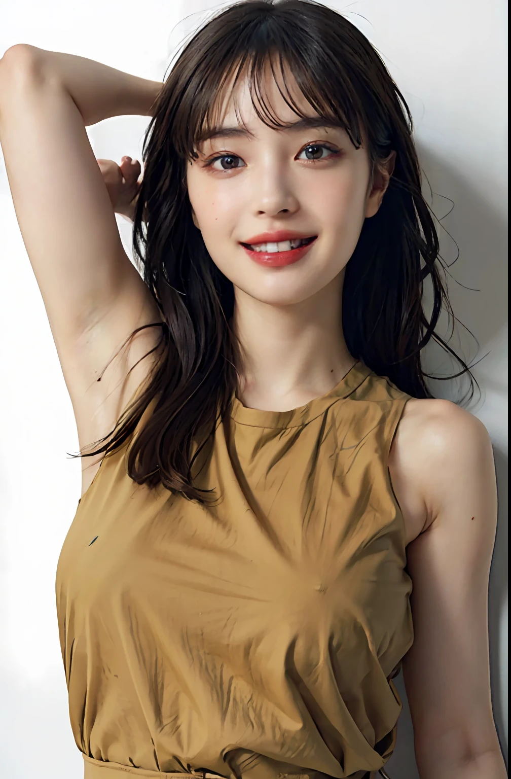 (Ultra Real), (Illustration), (High Resolution), (8K), (Very Detailed), (Best Illustration), (Beautiful Detailed Eyes), (Best Quality), (Ultra Detailed), (Masterpiece), (Wallpaper), (Detailed Face), Bed, Upper Body Up, Armpits, Smiles, Plump,Solo,Simple White Tank Top Girl, Sweaty, Japan Person, Big, (Camel Toe)
