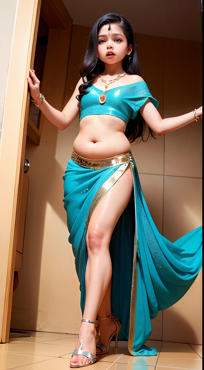 perfect face ( child) (chubby:1.4) saree wlop perfect full HDR body exposed midriff highleg loli flat chcurvy indian armpits bellydancer 8k high res knees ankles , royal skimpy underwear, cleavage (shiny skin:1.2) depth of field (full body shot) (high heels) (bathroom)