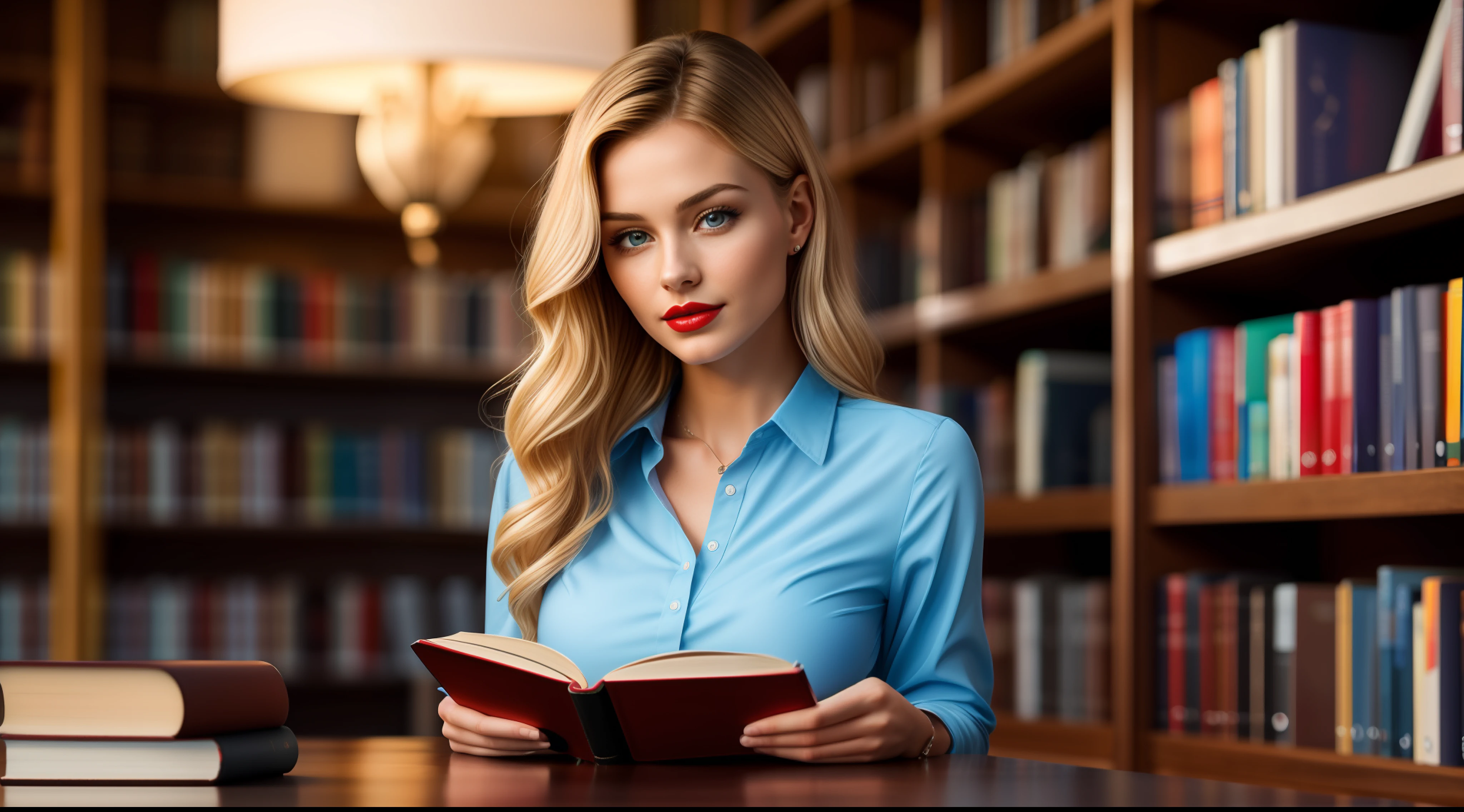 Young and beautiful woman, blondehair, which fall gently in waves up to the shoulders, Average height, large tities, verd s eyes, light skin, casual clothes, blouse She is in the public library, Ambient lighting, Some books are on the table, His face is naturally serene, Lips with red lipstick, She's reading a book, People are sitting in the background, More open frame, Текстура 8K, Heavily detailed, realisti, soft cinematic light, HDR, Clear Focus, 巨作, Photorealistic, award-winning photo, Canon EOS R5, 35 mm.