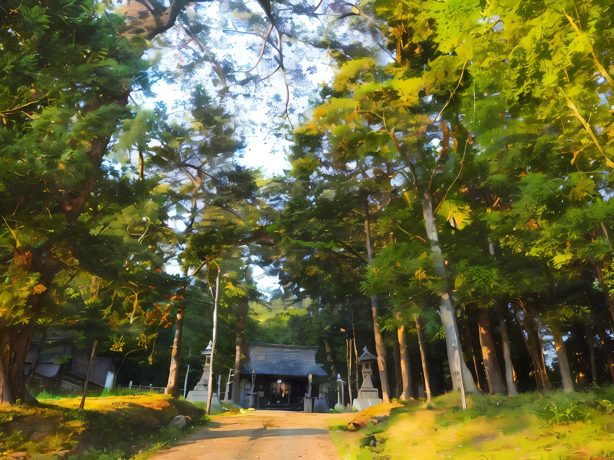there is a dirt road that leads to a small cabin, with matsu pine trees, near a japanese shrine, In Karuizawa, inari shrine, shrines, A Japanese shrine, roofed forest, shrines, Pochi Iida, centered torii gate, japanese temple, The tree々A torii gate in the mountains with, shrines, countryside in japan