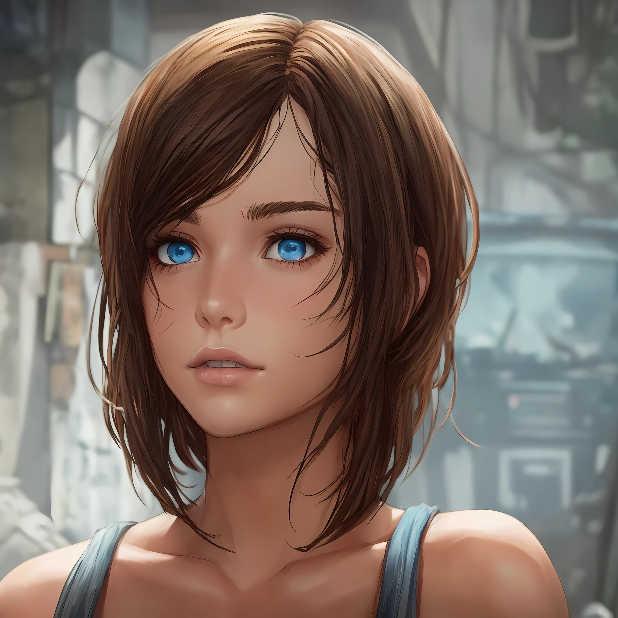 a girl with brown wavy hair, bob haircut, blue eyes. in the style of the last of us/the walking dead. --auto