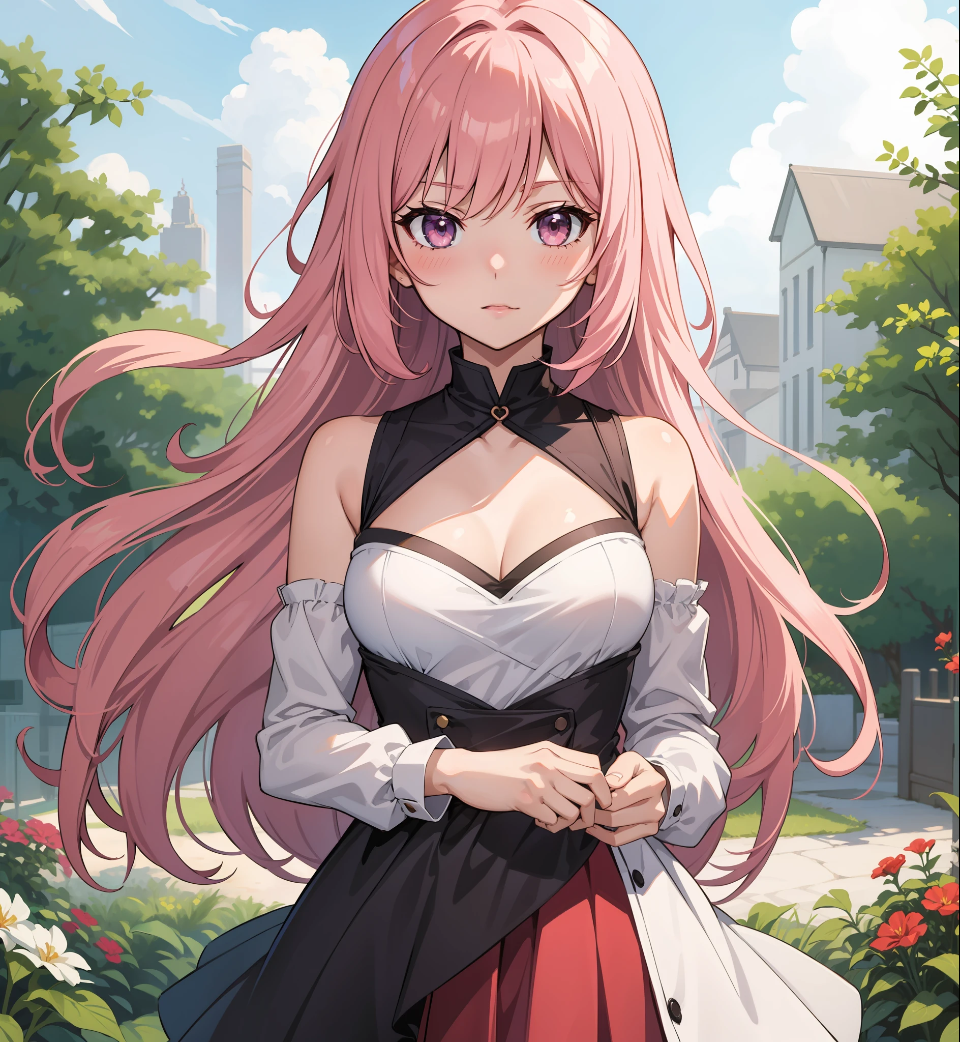 Anime girl, 1girl, pink hair, dress, garden, cute, low cut, medium breasts, smooth anime style, moe, cute, sexy,