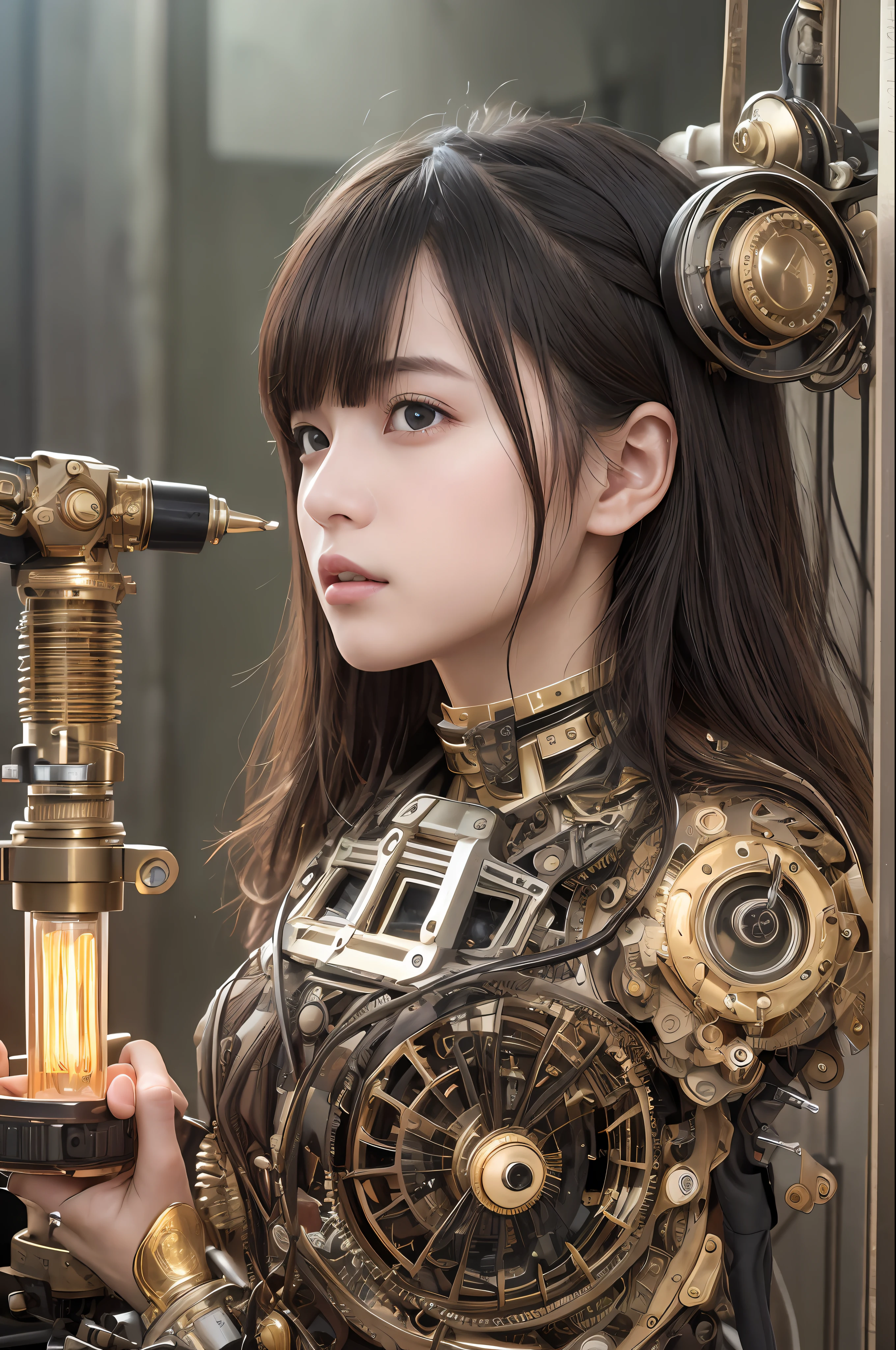 最好质量、巨作、ultra-high-resolution、(photoreallistic:1.4)、Raw photo、1 girl with big、Black hair、glowy skin、1 Mechanical Girl、((hyper realistic detail))、portlate、Global Illumination、Shadow、octane rend、8K、ultrasharp、big tit、Raw skin is exposed in cleavage、metals、Details of complex ornaments、Steampunk details、Analog Meter、cog、gear、Golden hydraulic cylinder、hyper intricate details、Realistic light、CGSoation Trends、purple colored eyes、eyes glowing、Facing the camera、neon details、Mechanical limbs、blood vessels connected to tubes、Mechanical vertebrae attached to the back、mechanical cervical attaching to neck、sitting on、Wires and cables connecting to the head、vacuum tubes、cog、meter、evangerion、Small LED lamp、The background is a steampunk city、
