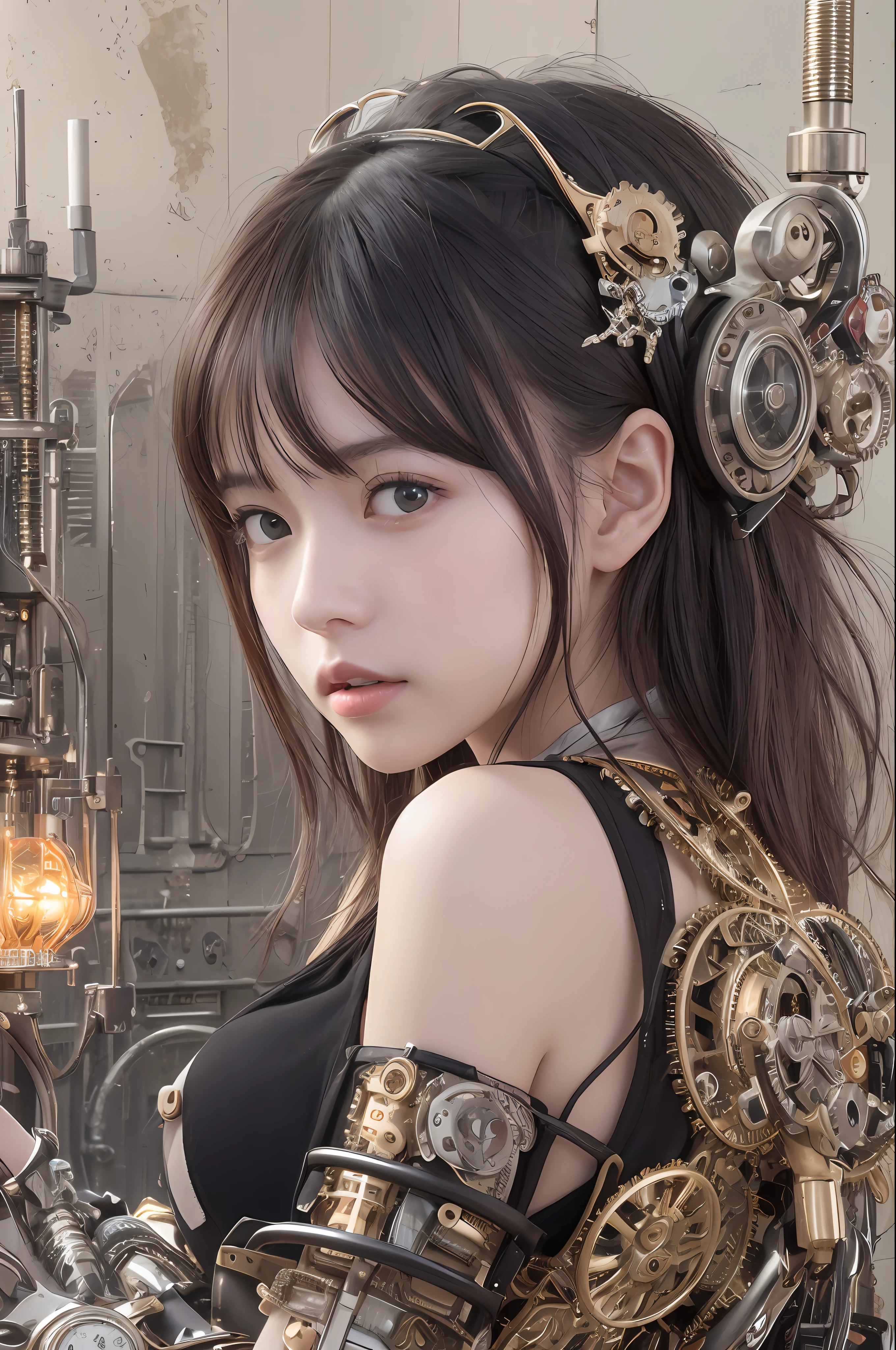 最好质量、巨作、ultra-high-resolution、(photoreallistic:1.4)、Raw photo、1 girl with big、Black hair、glowy skin、1 Mechanical Girl、((hyper realistic detail))、portlate、Global Illumination、Shadow、octane rend、8K、ultrasharp、big tit、Raw skin is exposed in cleavage、metals、Details of complex ornaments、Steampunk details、Analog Meter、cog、gear、Golden hydraulic cylinder、hyper intricate details、Realistic light、CGSoation Trends、purple colored eyes、eyes glowing、Facing the camera、neon details、Mechanical limbs、blood vessels connected to tubes、Mechanical vertebrae attached to the back、mechanical cervical attaching to neck、sitting on、Wires and cables connecting to the head、vacuum tubes、cog、meter、evangerion、Small LED lamp、The background is a steampunk city、