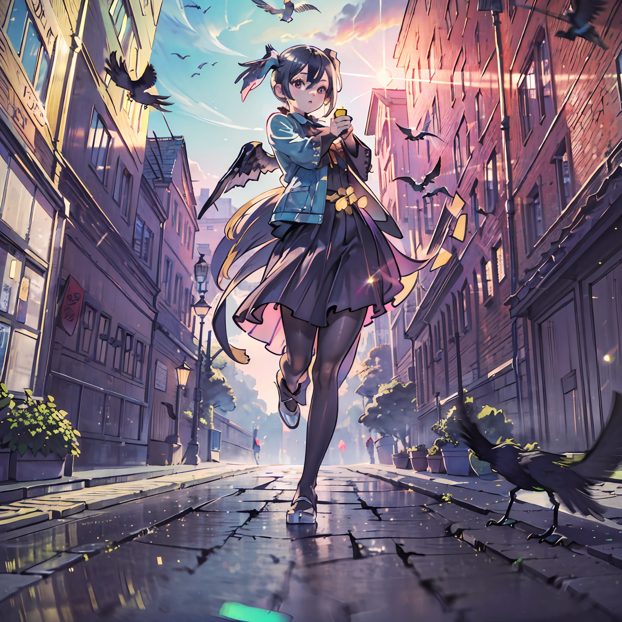 (award winning 8k concept art:1.3) of (young woman looking at the flying crows:1.3), close to camera, sweet, front, epic, (masterpiece:1.4), (best quality:1.4), Amazing, beautiful, finely detailed, (Depth of field:1.4), 8k, fine art, stunning, (light reflections:1), (crisp:1.6), red twin tails, vibrant, (edge detection:1.4), absurdres, impressive, 120mm, clear, lens flare, wide shot, wide angle, colorful