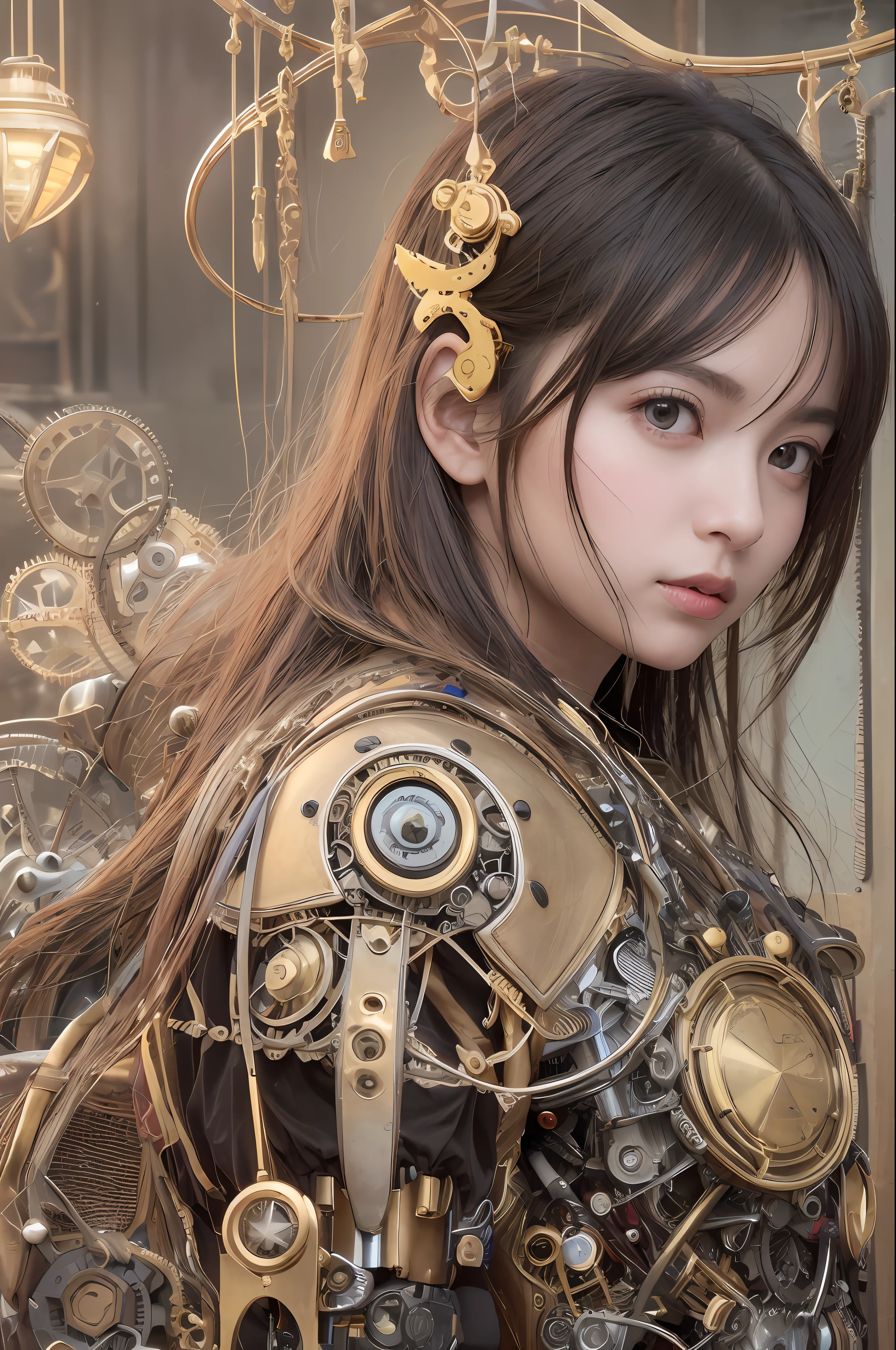 最好质量、巨作、ultra-high-resolution、(photoreallistic:1.4)、Raw photo、1 girl with big、Black hair、glowy skin、1 Mechanical Girl、((hyper realistic detail))、portlate、Global Illumination、Shadow、octane rend、8K、ultrasharp、big tit、Raw skin is exposed in cleavage、metals、Details of complex ornaments、Steampunk details、Analog Meter、cog、gear、Golden hydraulic cylinder、hyper intricate details、Realistic light、CGSoation Trends、purple colored eyes、eyes glowing、Facing the camera、neon details、Mechanical limbs、blood vessels connected to tubes、Mechanical vertebrae attached to the back、mechanical cervical attaching to neck、sitting on、Wires and cables connecting to the head、vacuum tubes、cog、meter、evangerion、Small LED lamp、The background is a steampunk city、