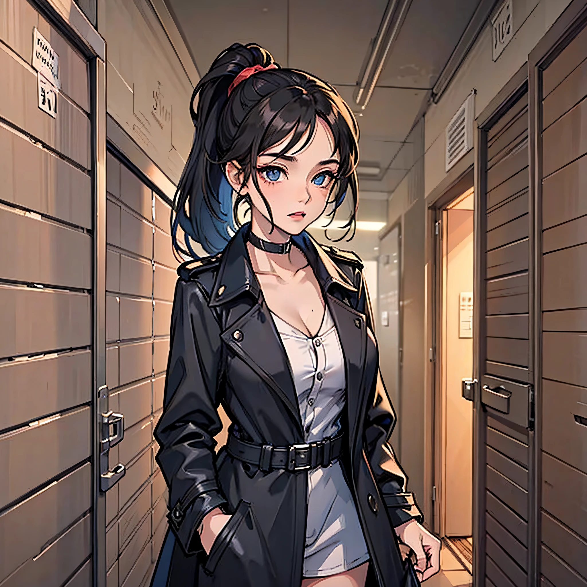 A woman with a black ponytail，Wear a black trench coat，Blue eyes，In the storeroom，the night